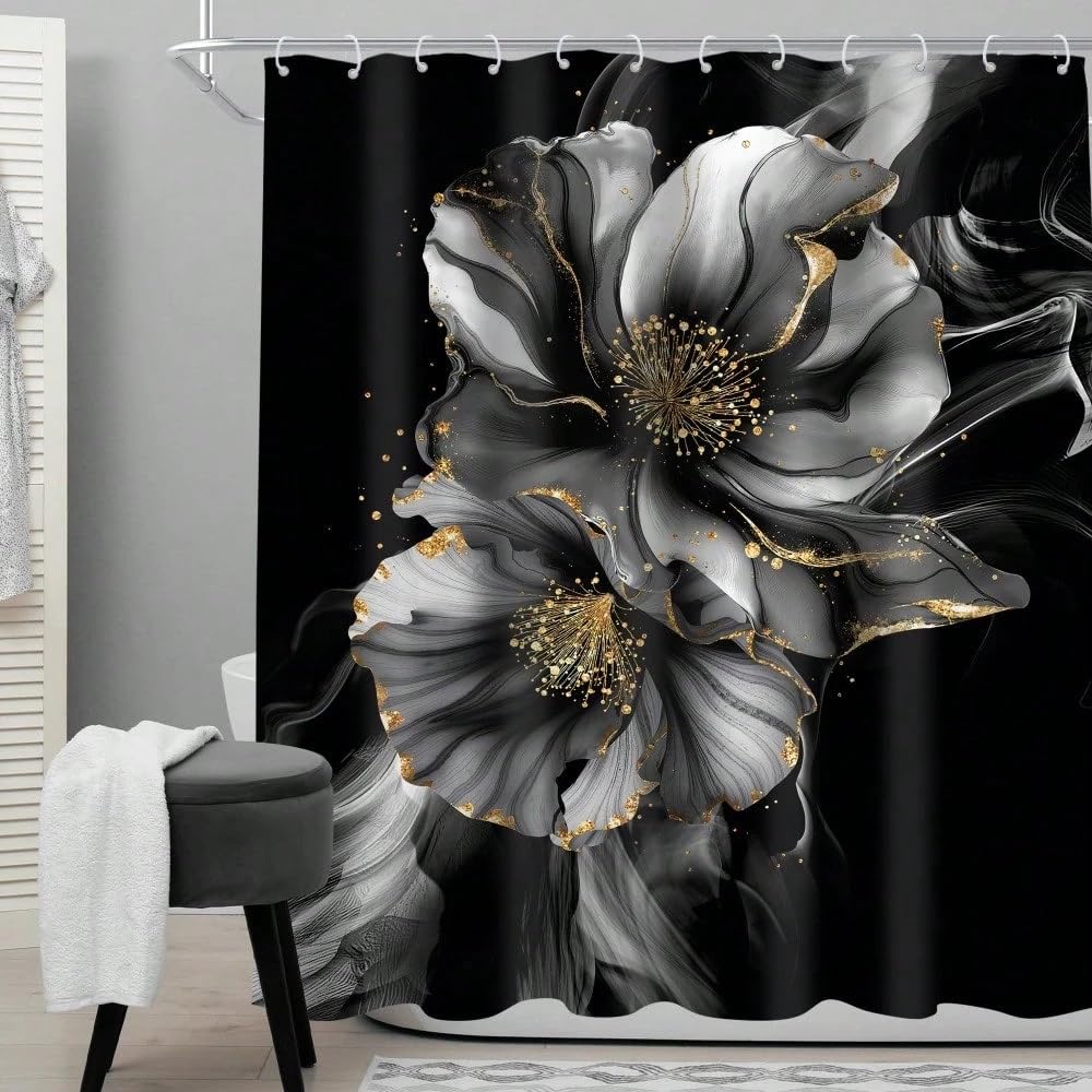 Schwarzer und goldener abstrakter Duschvorhang mit Blumenmuster, moderner grauer Marmorblumen-Goldton, elegante Tintenstruktur, Badezimmer-Vorhangset für Damen (300 x 200 cm / 118 x 79 Zoll (B x H))