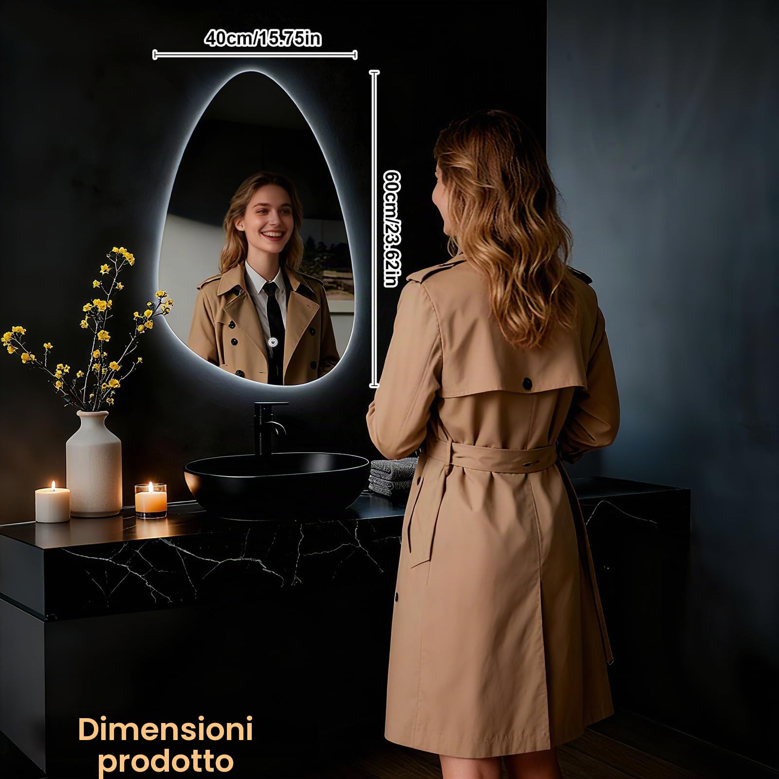 Specchio da parete rotondo per bagno, con illuminazione, specchio con luce LED, interruttore touch e 3 colori dimmerabili (60 L x 40 cm)