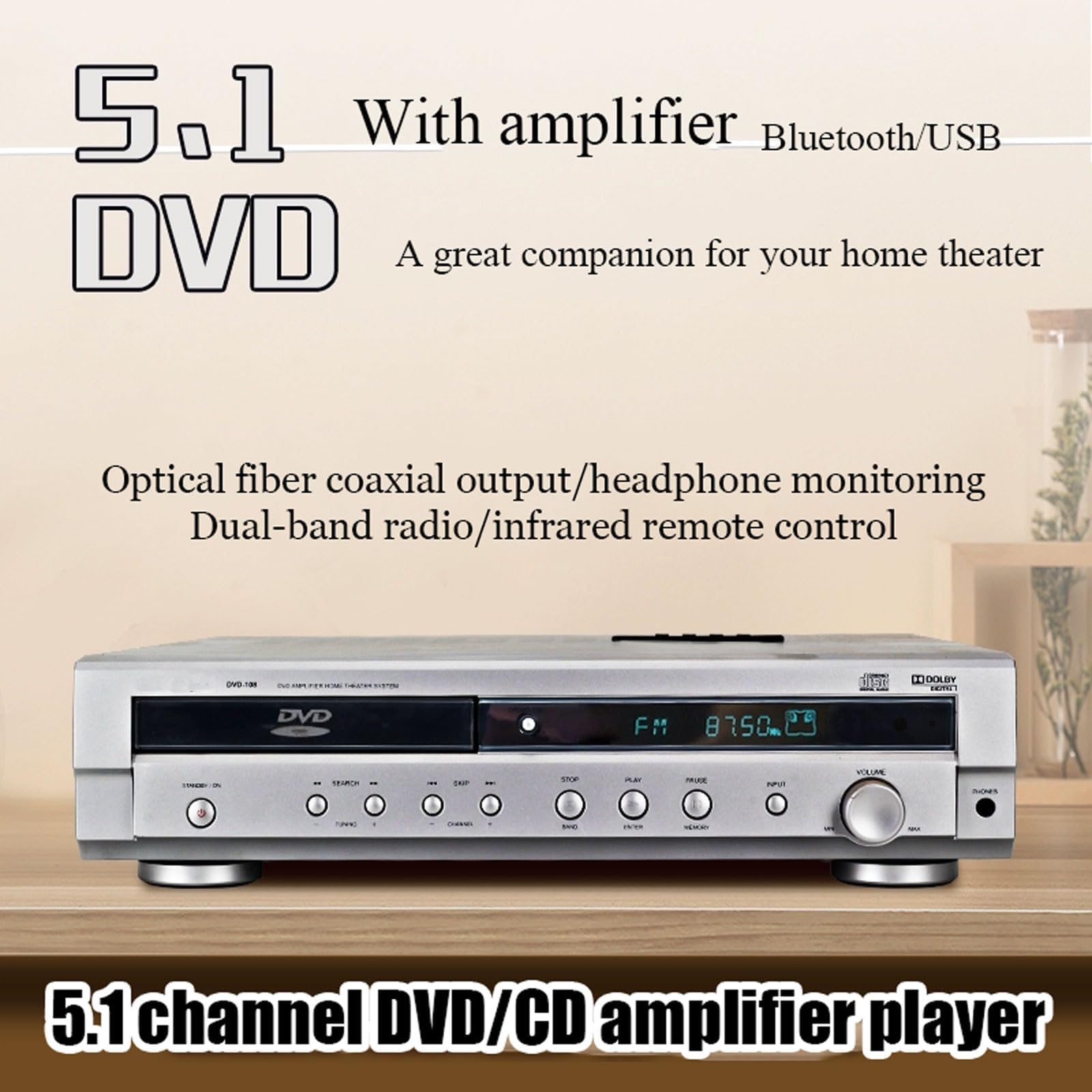 Heimkino-System 5.1 Surround Sound DVD-Player, Kabelloser Bluetooth-Verstärker, Dualband-Radio, Koaxialer Glasfaserausgang, Kopfhörerüberwachung, DVD-, VCD- Und CD-Player