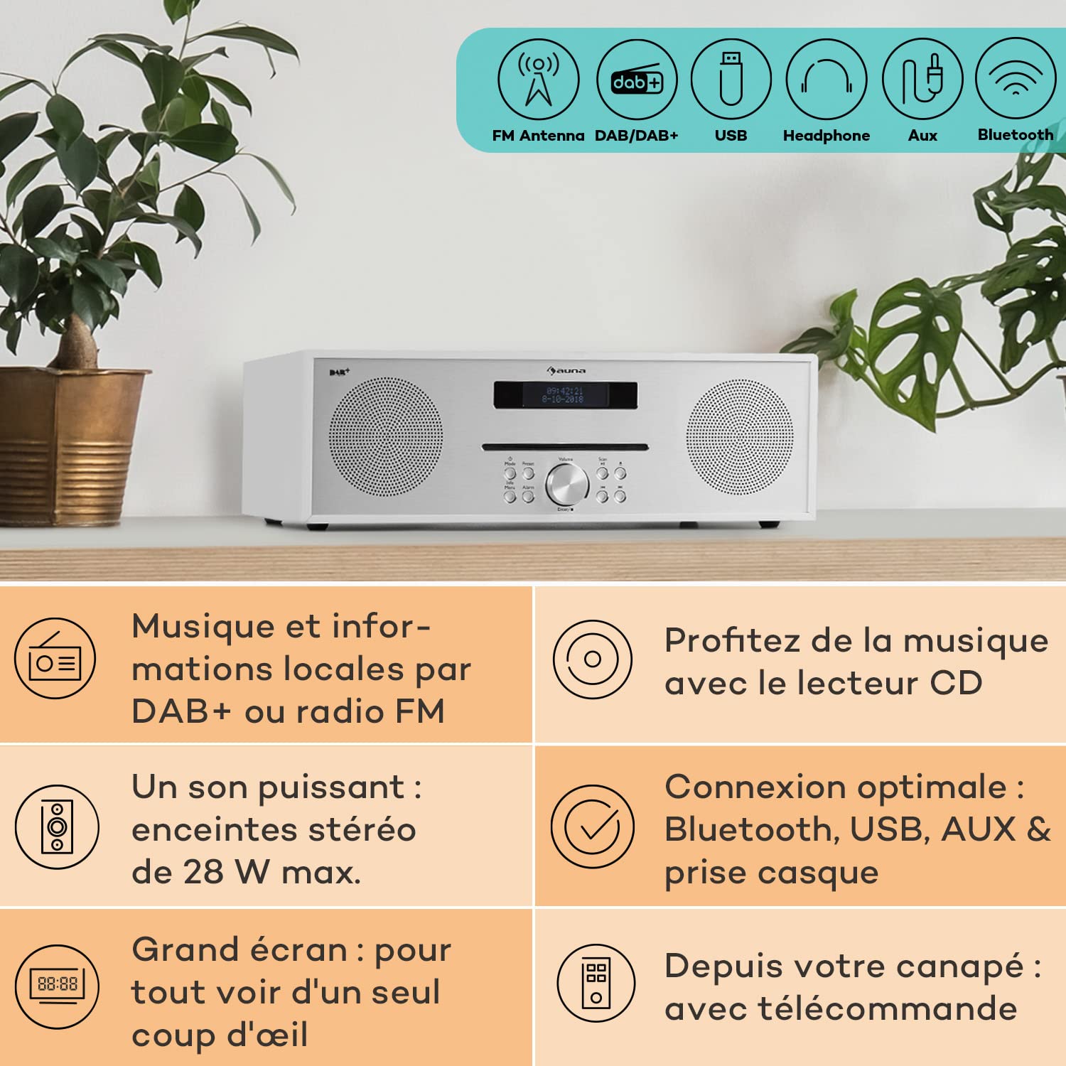 Auna Silver Star Radio Portable CD, Chaine HiFi, Poste Radio Numérique Dab/Dab+/FM et Streaming, Radio Portables Stéréo, Écran LCD, Radio FM, MP3, Port AUX, Alarme Reveil, Lecteur CD Bluetooth