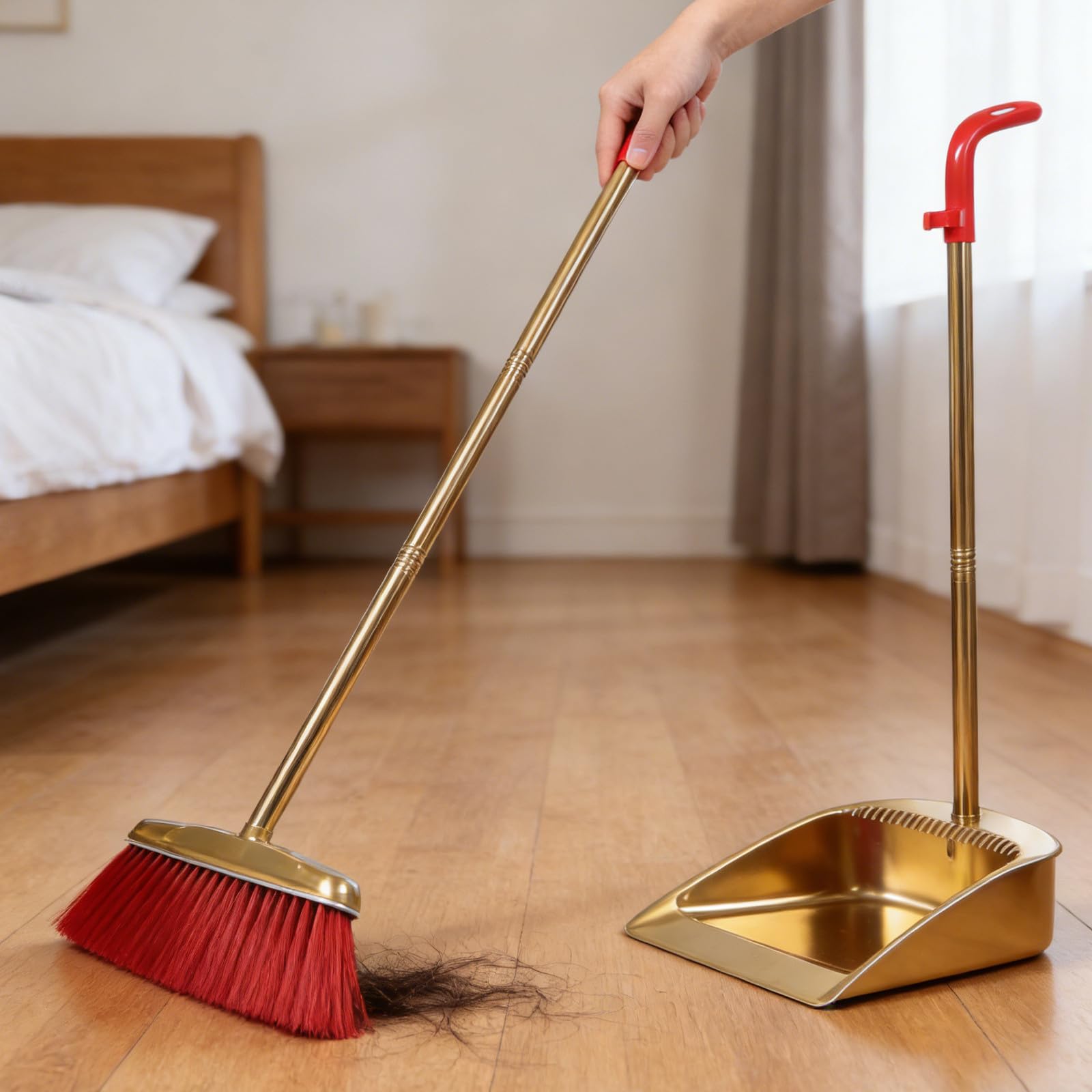 Scopa con Paletta Set Combinato in Acciaio Inox Oro, Manico lungo Elegante