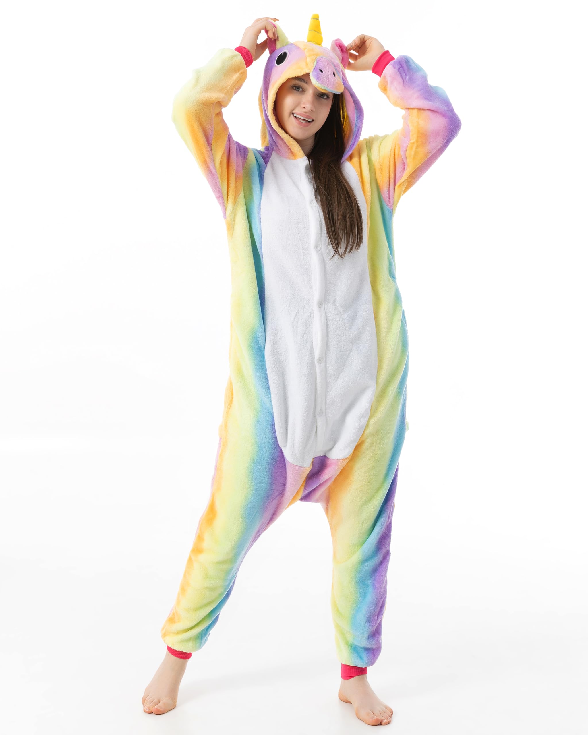 Katara 1744 Kigurumi Unisex Adulti Costume Animale Pigiama intero Carnevale, Unicorno Arcobaleno, 145-155cm
