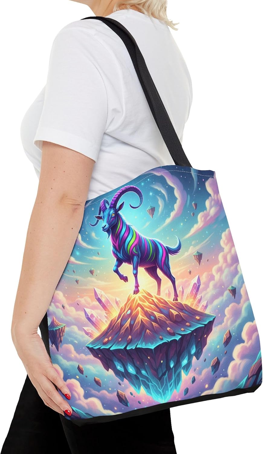 Premium Neon Goat Tote Bag with Reinforced Stitching on Glowing Mountain Design