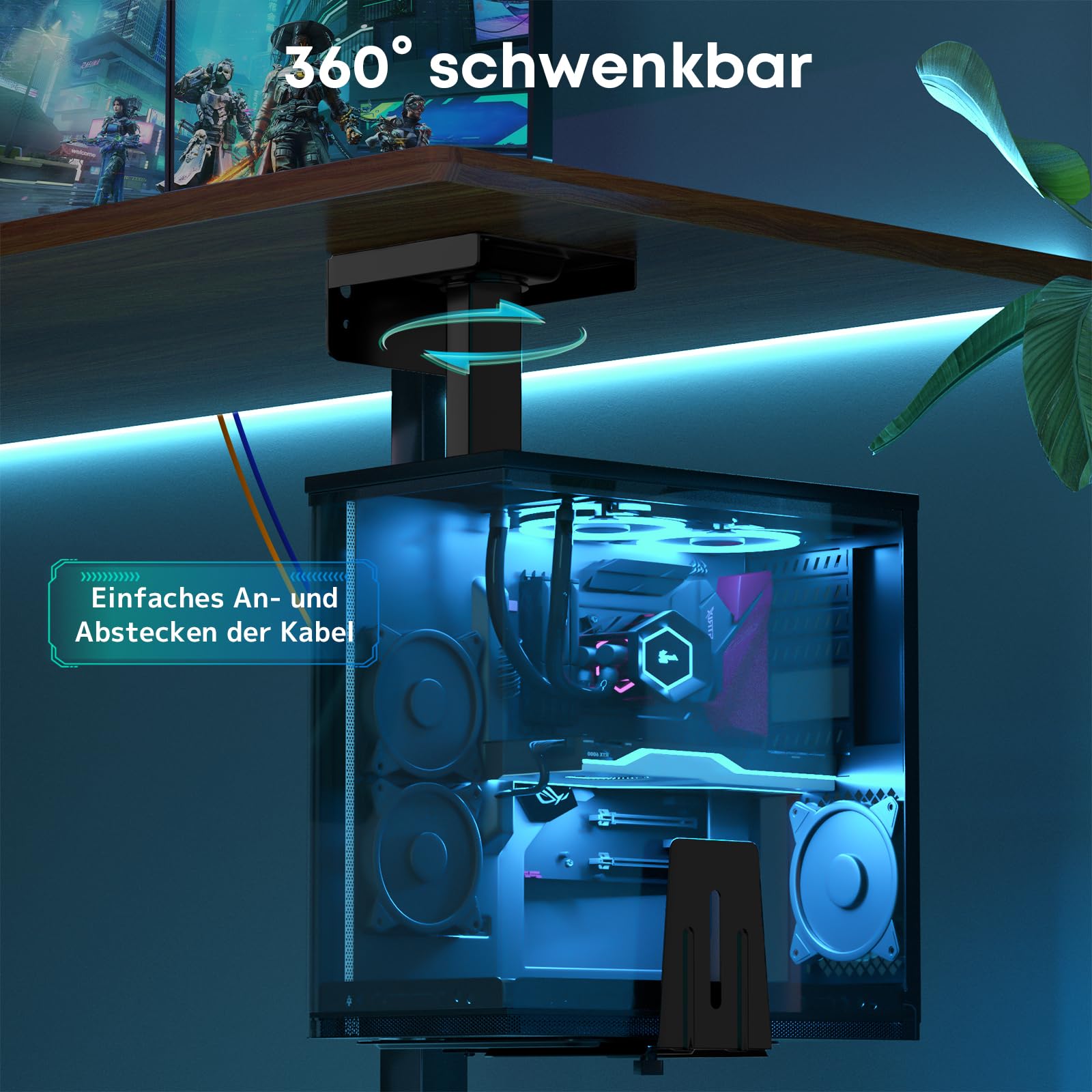 PC-Halterung unter Schreibtisch PC Wandhalterung für meisten Computergehäuse, Verstellbare Heavy Duty Computergehäuse-Halterung, 360° Drehbar, Hervorragende Luftzirkulation, bis 30 KG, Schwarz