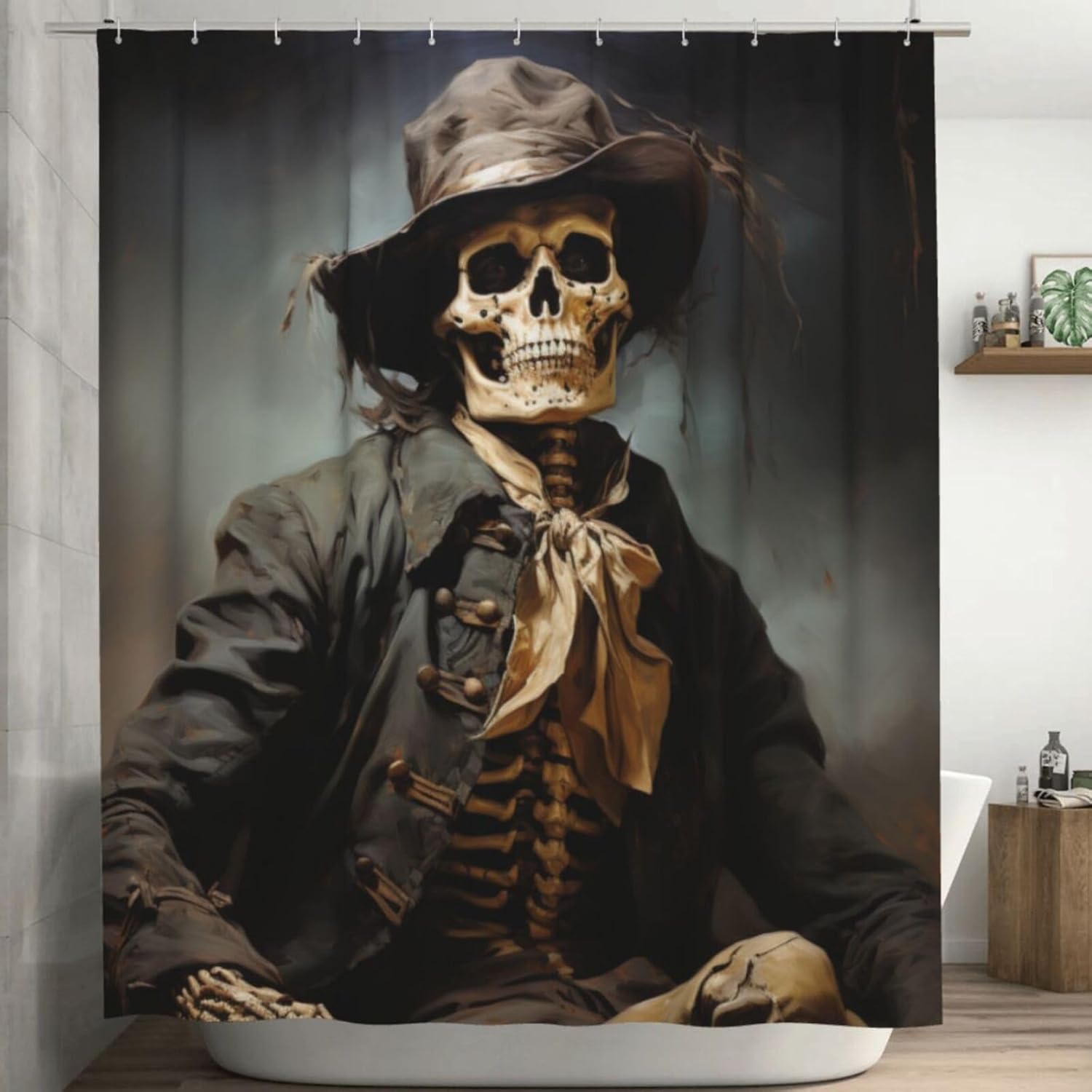 Black Suit Skull Shower Curtain for Bathroom, Fun Hippie Skeleton Boho Shower Curtain Set, Abstract Oil Painting Fabric Modern Waterproof Bathroom Decor with 12 Hooks 72x72in YLATY3387