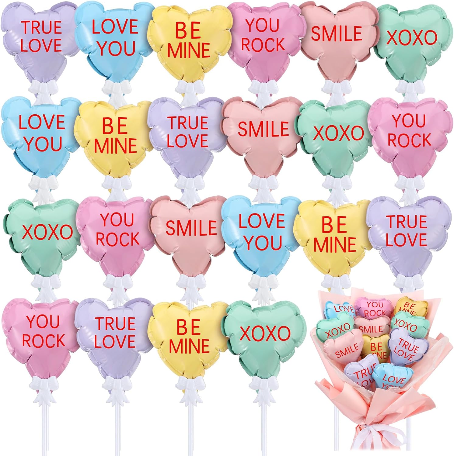 102 Pcs Valentine's Day Conversation Heart Balloons Self Inflatable Heart Balloons with Bow Rod 4 Inch Mini Valentine Decoration for Wedding Birthday Engagement Party Supplies