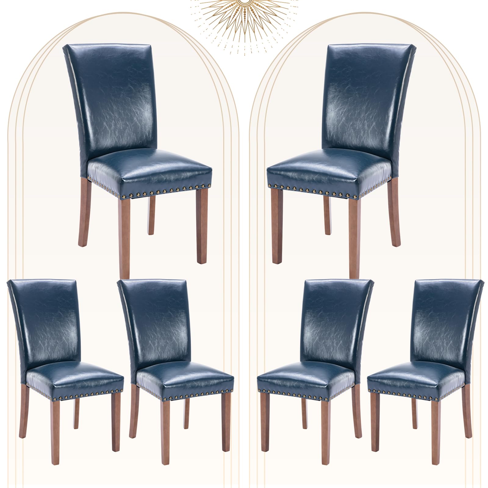 Faux Leather Dining Chairs Set of 6, Upholstered Parsons Dining Room Kitchen Side Chair with Nailhead Trim and Wood Legs - Blue
