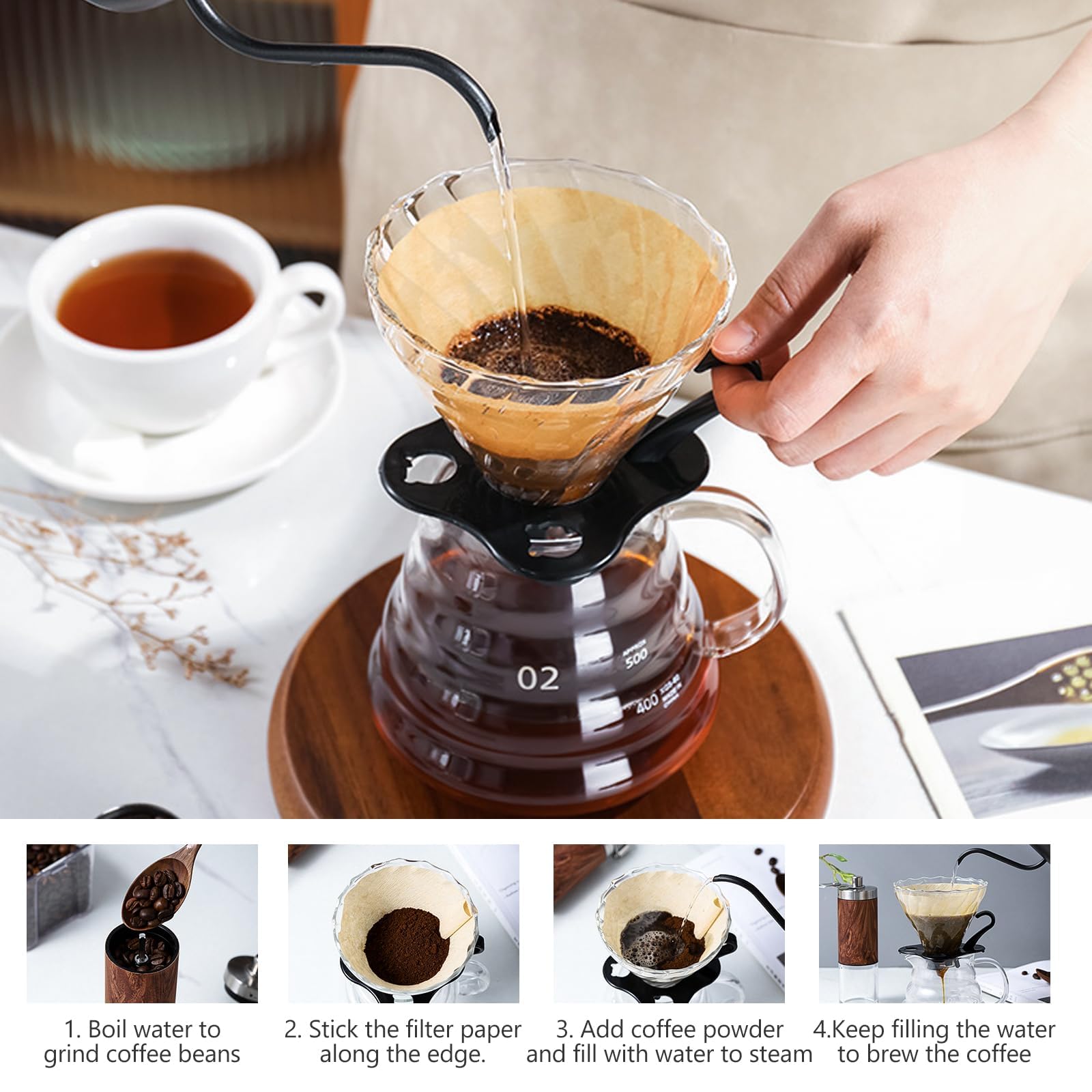 FEIGO 7-Teiliges Set für Handgebrühte Kaffeekannen, Pour Over Kaffeebrüher für Filterkaffee, Walnussholzkragen & Glasdeckel, 600 ml Borosilikatglas Set, mit 100 Stück Papierfilter, Transparent