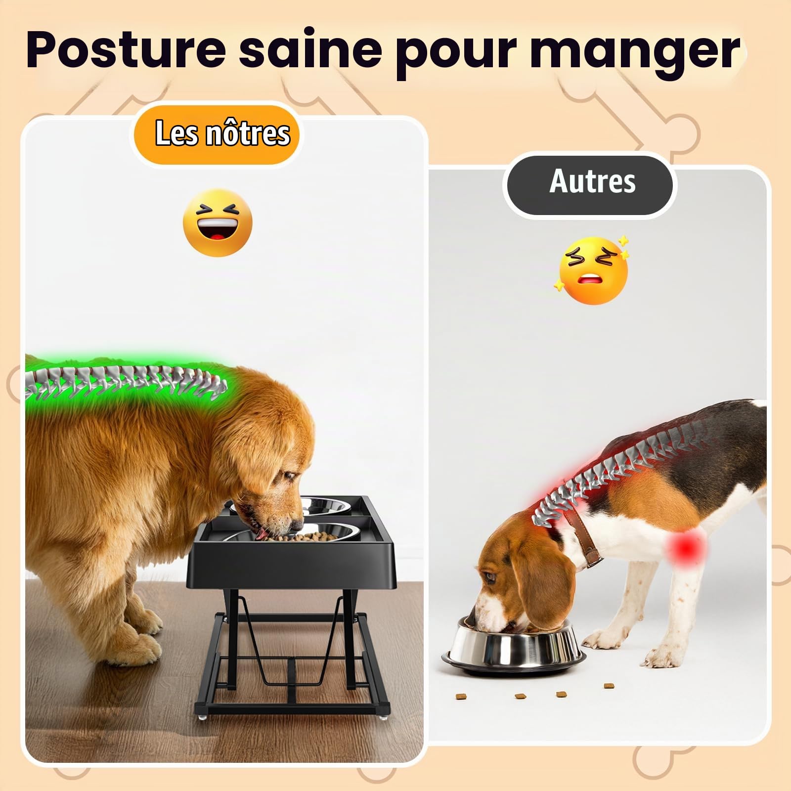 Joytale Support Métallique Réglable pour Gamelle Chien Surélevée (22-45cm) - Distributeur Lourd avec 2 Bols INOX, Station Anti-Dérapante et Anti-Renversement pour Chiens Moyens/Grands