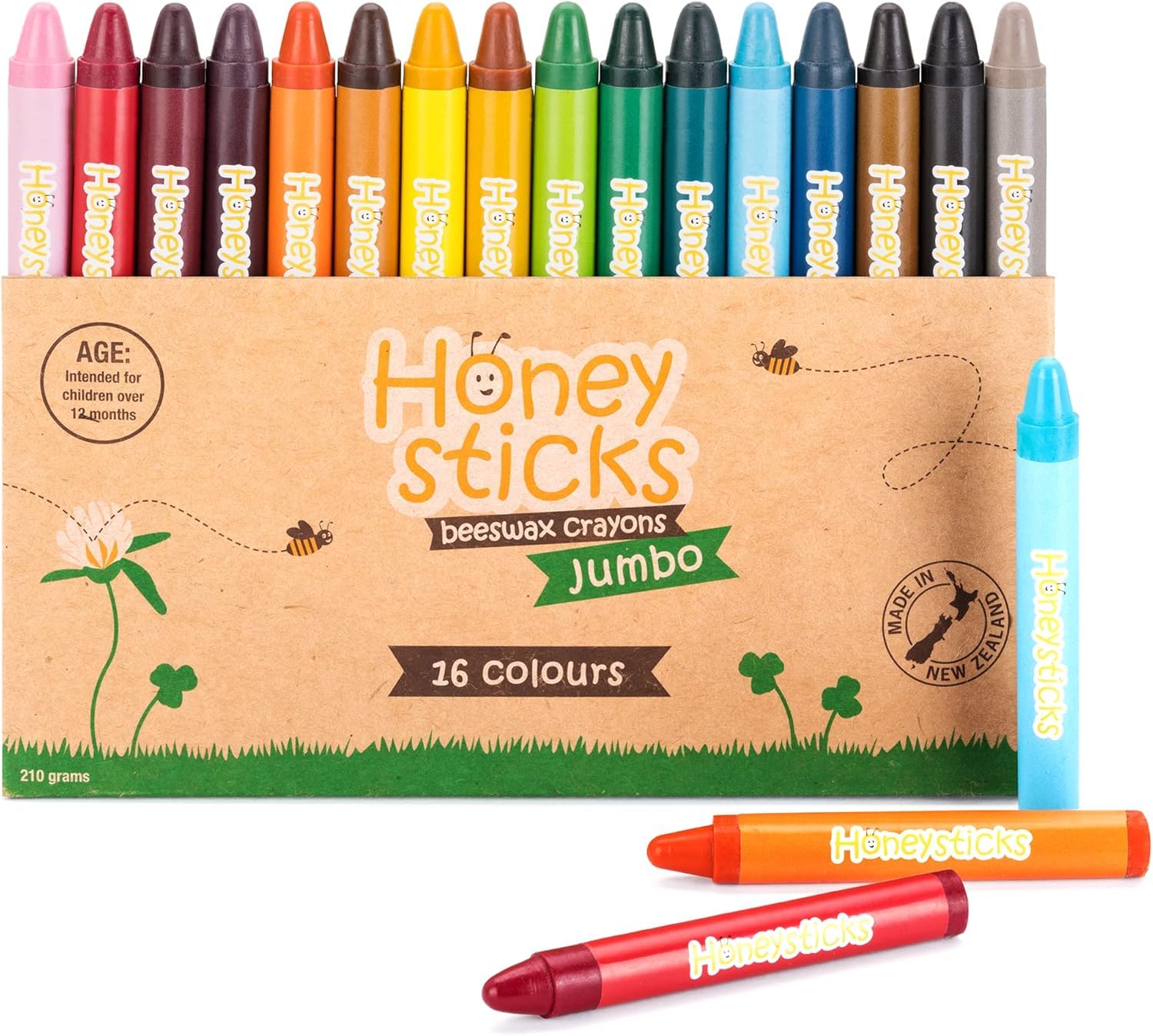 Honeysticks Jumbo Crayons (16 Pack) - Non Toxic Crayons for Kids - 100% Pure Beeswax - Bright Food Grade Colours - Large, Easy to Hold & Use - Preschool Art Supplies for Toddlers/Kids 2-4, 3-5, 4-8