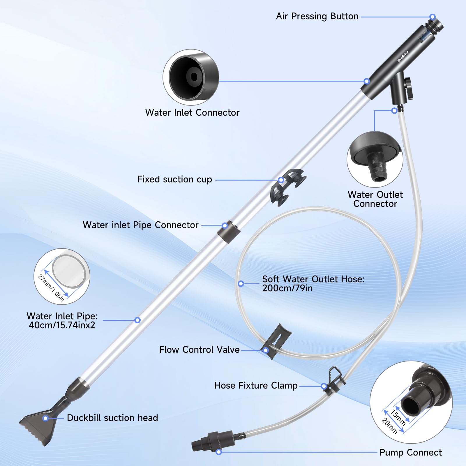 Aspirateur de Gravier réglable pour Aquarium, Siphon d'aquarium, changeur d'eau Manuel, kit de Nettoyage pour Aquarium, pour Aspirer Les déjections et Laver Le Sable