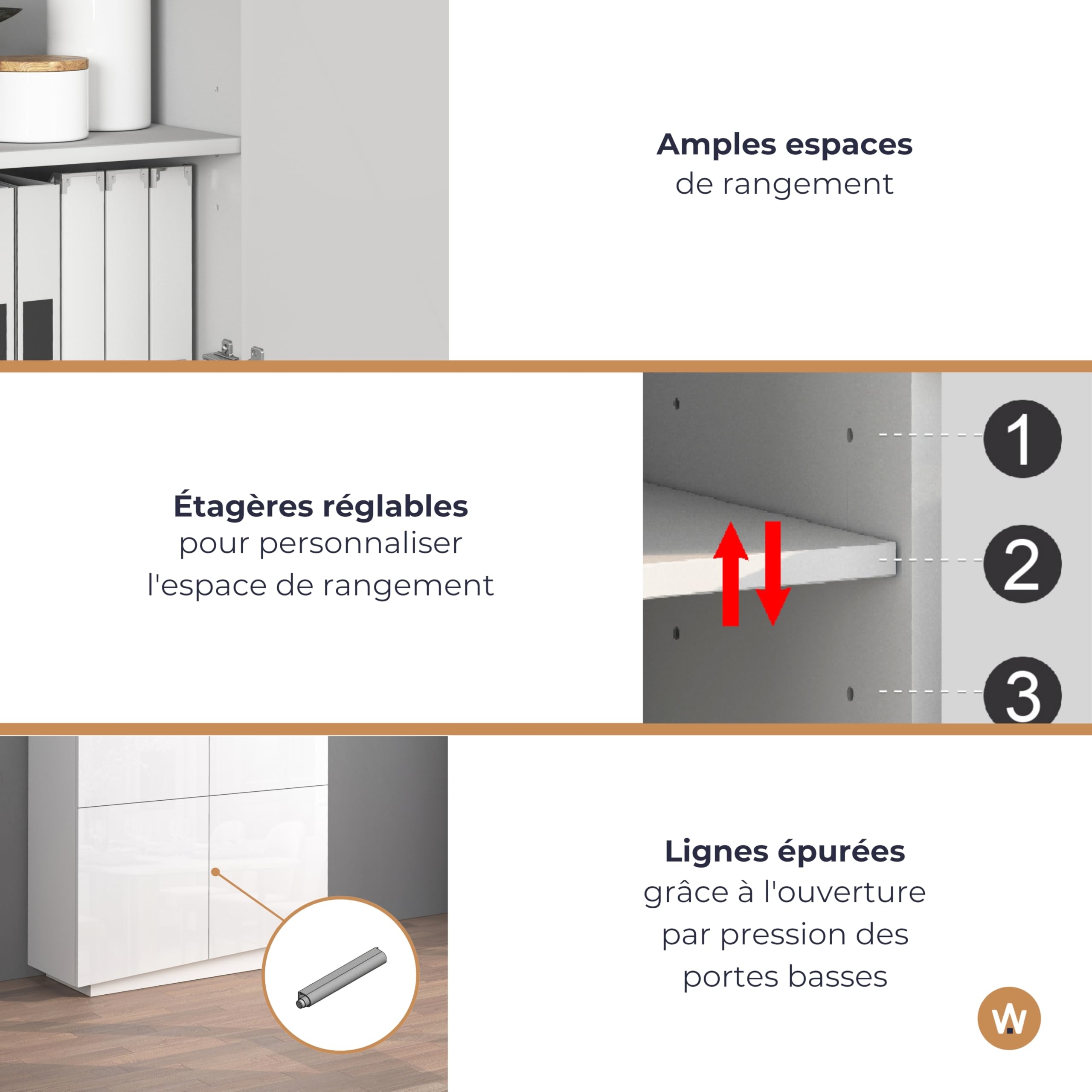 WHOUS Buffet Vela pour Salon avec 4 Portes et 8 Compartiments, bahut pour Salon, Cuisine et Salle à Manger, 100 x 35 x 120,4 cm, Couleur Blanc Brillant