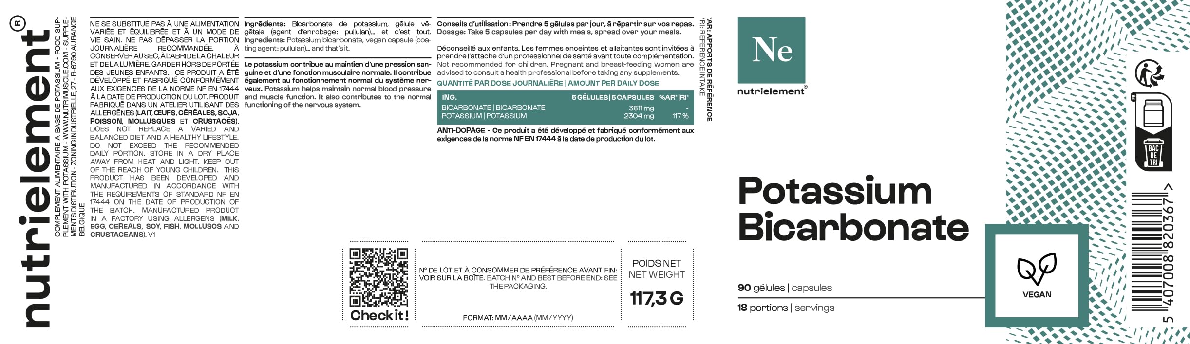 Bicarbonate de Potassium - 90 gélules - Système nerveux - Fonction musculaire normale - Qualité pharmaceutique - Vegan| Nutrielement By Nutrimuscle