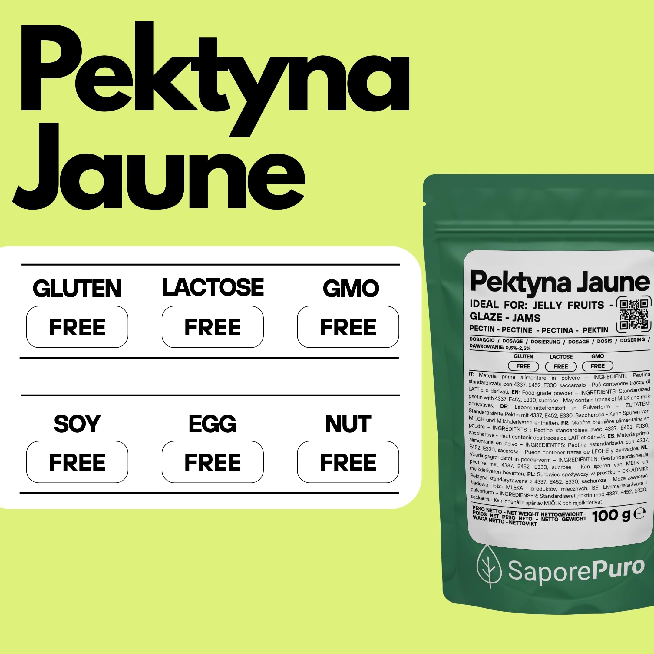 SaporePuro Pektyna Jaune 100 g – Naturalny Środek Żelujący o Wysokiej Mocy Żelującej do Dżemów i Galaretek – BEZ GLUTENU