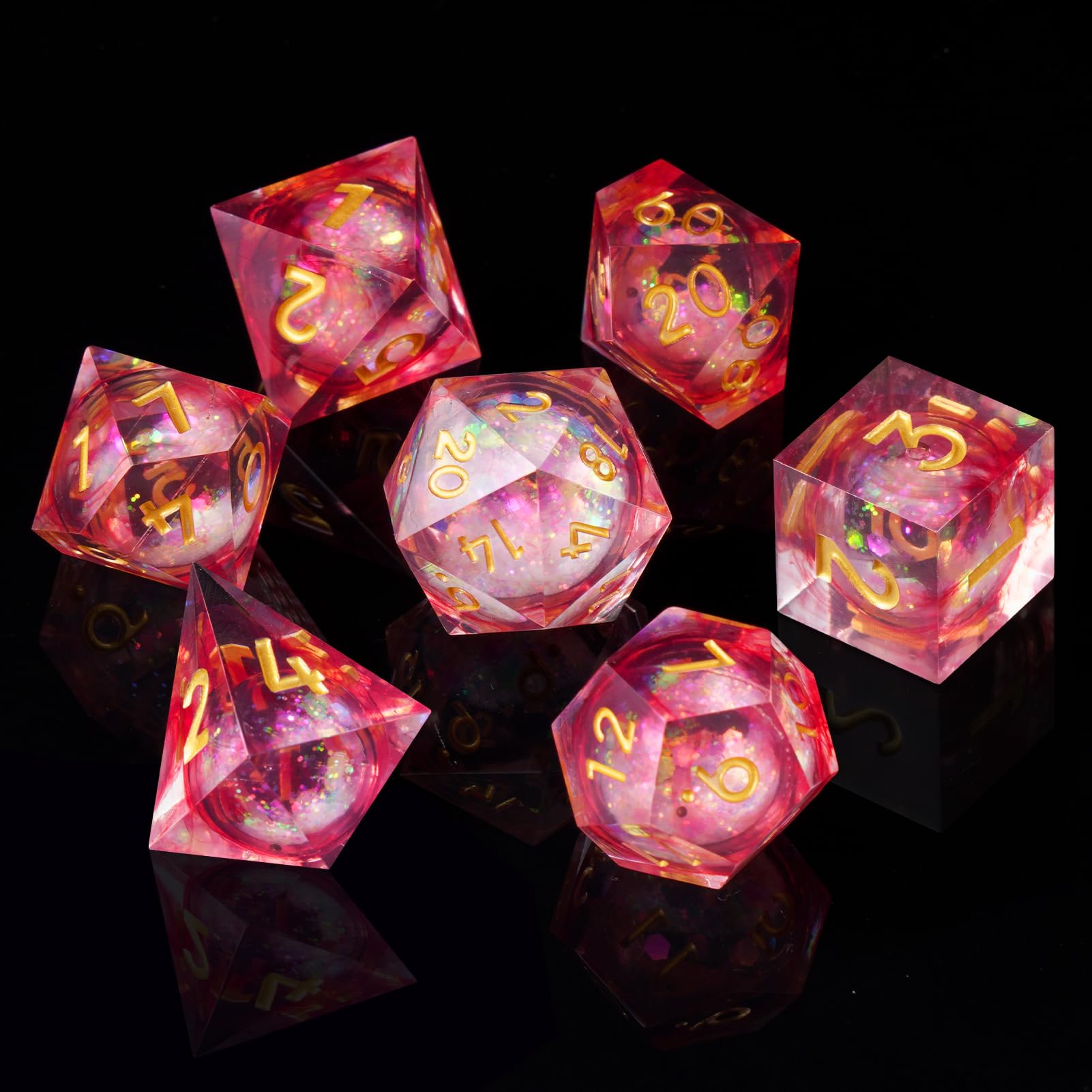 ORUZA 7 PCS Liquid Core DND Dice Resin Sharp Edge Dice Polyhedral D&D Dice Set for Dungeons and Dragons RPG MTG Role Playing Game Dice D20 D12 D10 D8 D6 D4 D%