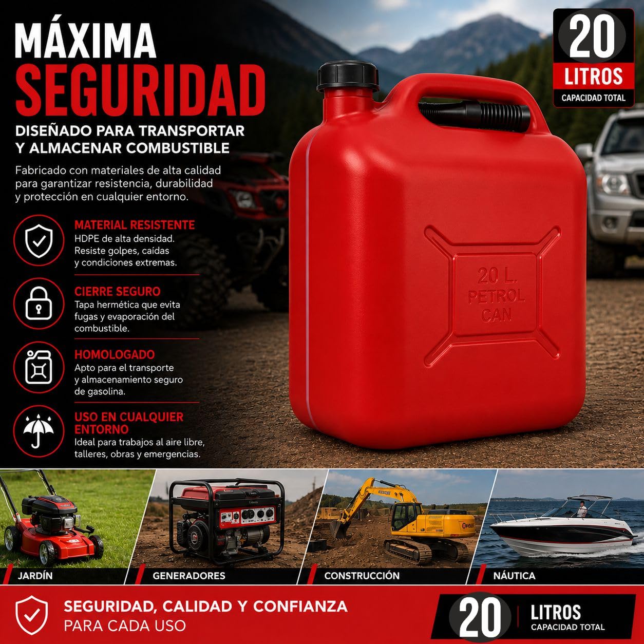 Jerrican Essence 20L Homologué Plastique avec Jauge de Niveau - Bidon Carburant Pack 3 Unités - Pour Essence Gasoil et Diesel, 60L Total
