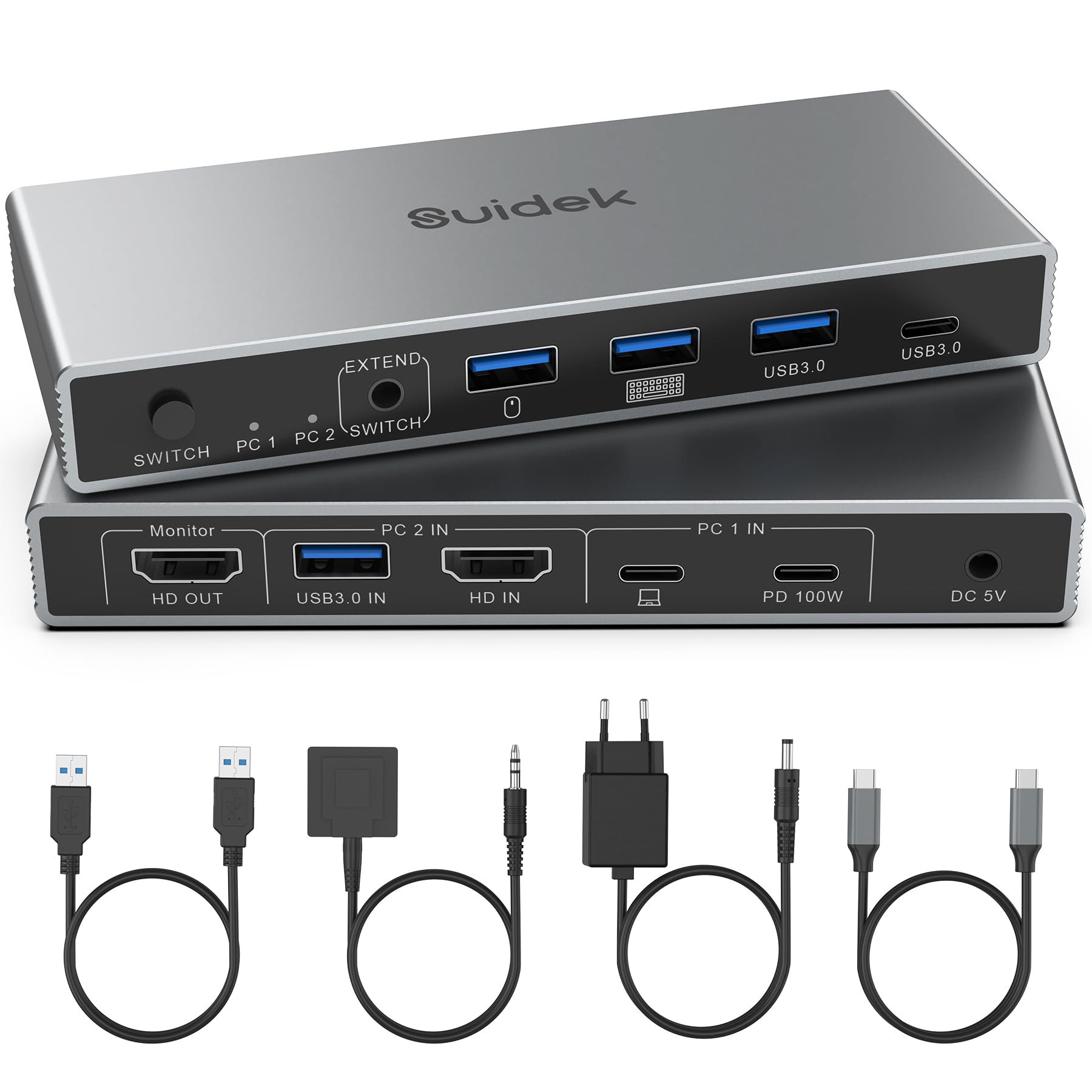 SUIDEK Przełącznik KVM USB-C+HDMI 2 w 1 wyjście 4K@60Hz Aluminium z portami USB 3.0 do podłączenia 1 laptopa i 1 komputera stacjonarnego 1 monitor, klawiatura, mysz i drukarka