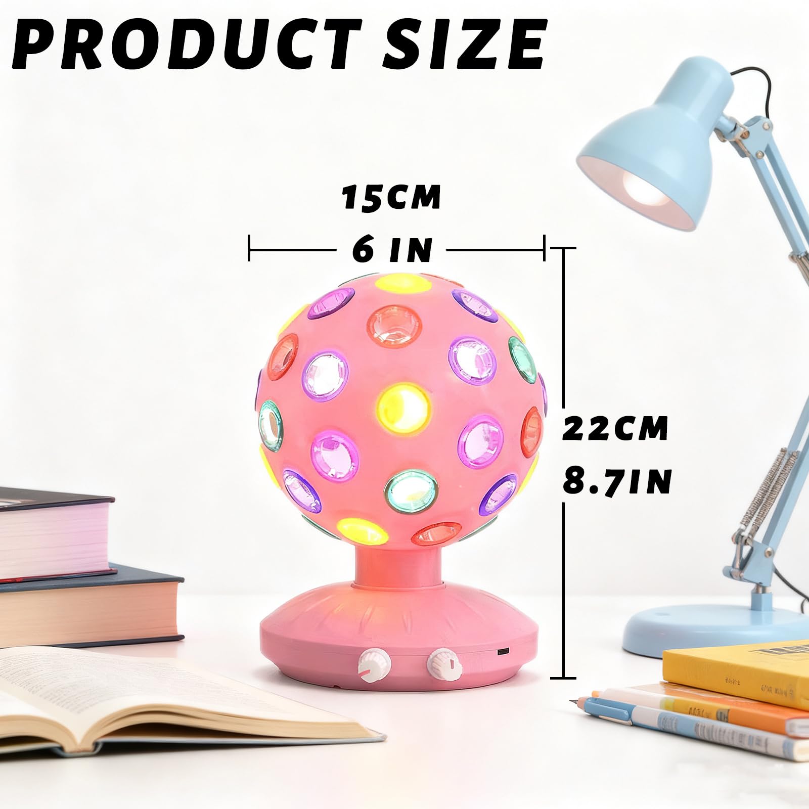 Boule disco de 15,2 cm, vitesse de rotation et luminosité réglables, lampe stroboscopique avec câble USB pour anniversaire d'enfants, décoration de Noël (alimentation par piles USB/AA) (rose)