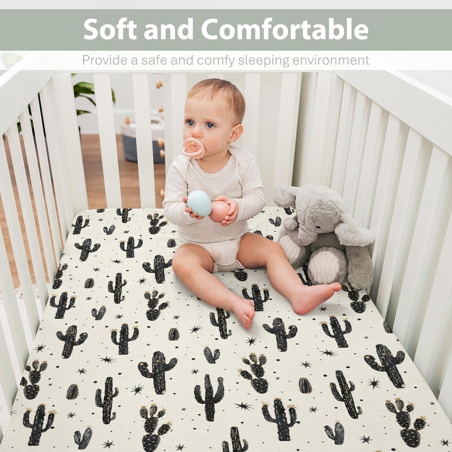 Minimalist Boho Cactus Baby Crib Sheets for Boy Girl 52"x28" Vintage Cactus Floral Soft Snug Fitted Crib Mattress Cover Wild Desert Plant Nursery Baby Sheet for Standard Crib & Toddler Bed Mattress