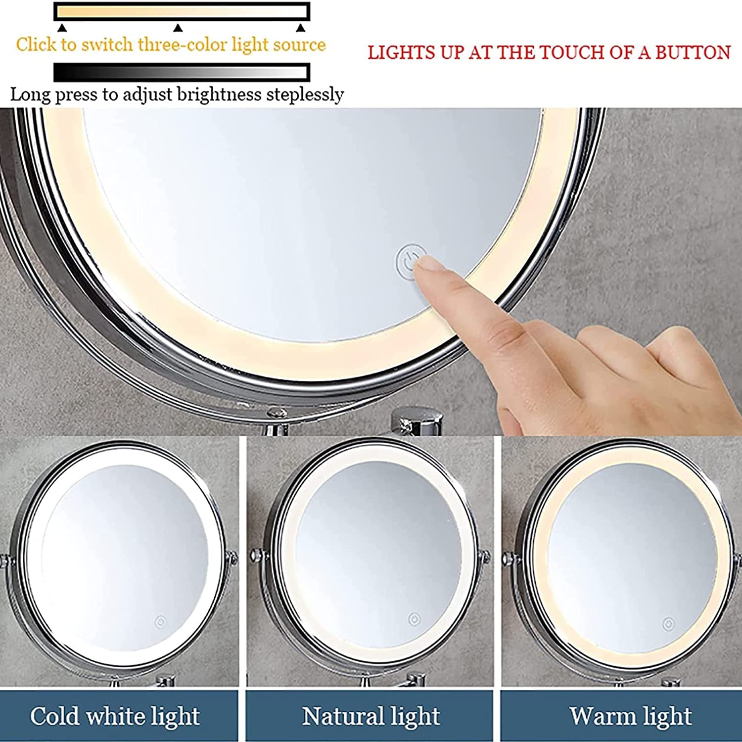 Specchio for Il Trucco a LED con Interruttore dimmer Touch Screen, Specchio cosmetico ingranditore Estensibile a Parete da 8 Pollici a Doppia Faccia,Silver,3X(Schwarz,3X)