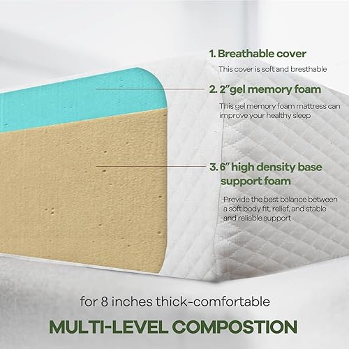 Miniatura 6 de Colchón de espuma viscoelástica de gel Queen de 8 pulgadas para aliviar la presión, espuma de gel refrescante, certificado CertiPUR-US, cama en una