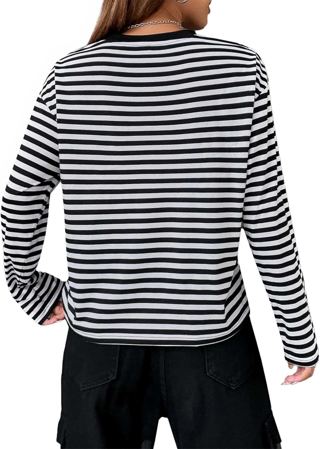LilyCoco Womens Long Sleeve Striped Shirts Casual Color Block Crew Neck T Shirts - Image 2