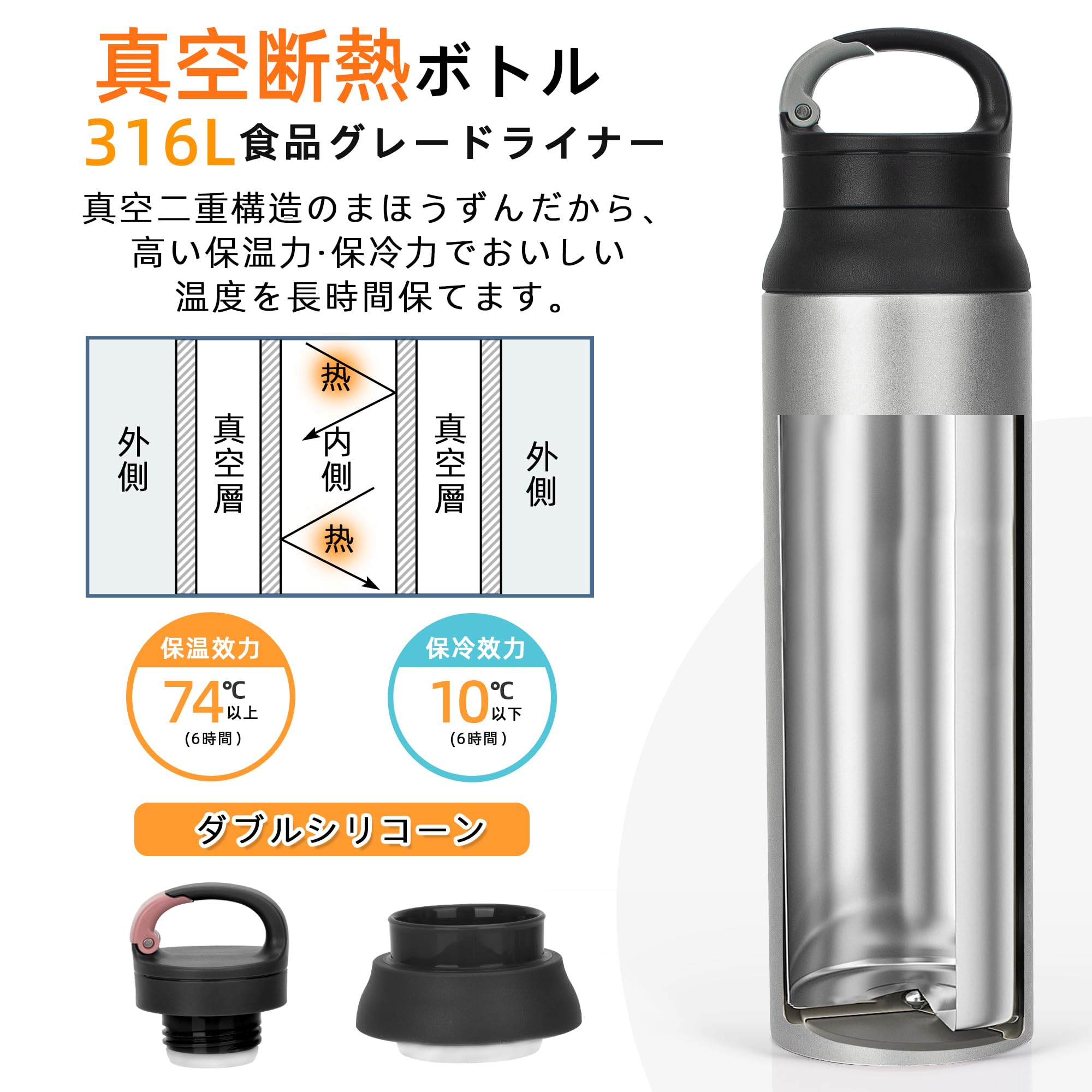 Amazon | 水筒 800ml ハンドル付き 24h 保冷保温 ステンレスボトル
