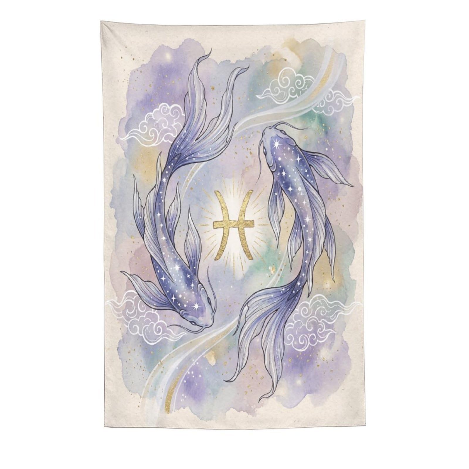 H3B8U2Y5 Pisces Koi Watercolor Wall Tapestry, Ukiyo-e Style, Zen Water