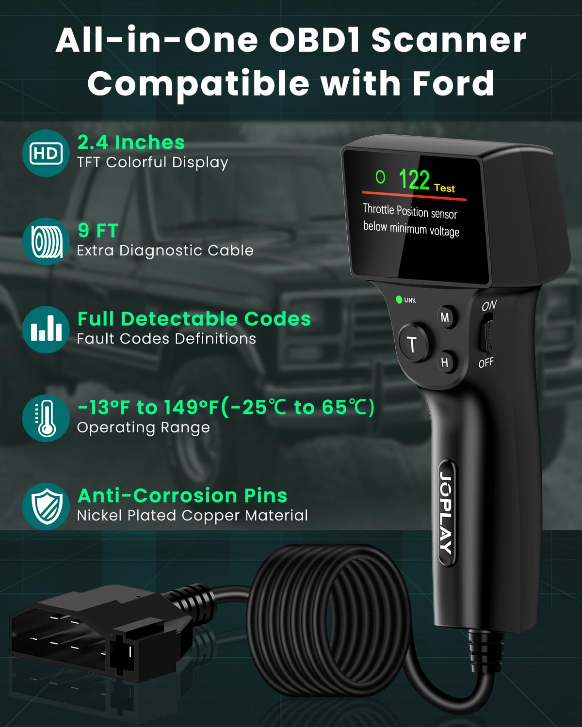 JOPLAY OBD1 Scanner für Ford, 2 in 1 Digitaler Codeleser mit eingebauten verstärkten Pins und 9 Fuß Kabel OBD 1 Scan-Werkzeug für Ford, Lincoln, Mercury von 1981-1995, einfach für alle