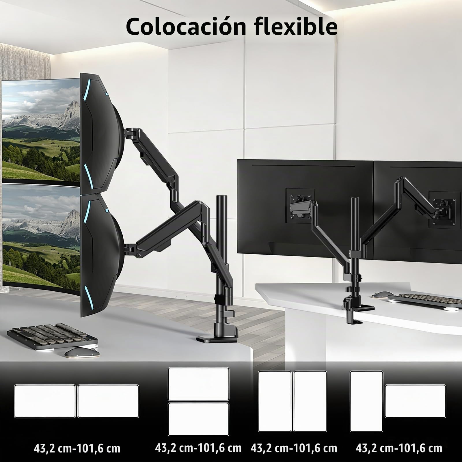 Brazo Monitor Doble para Pantallas de 17 a 40", Soporte de Escritorio con Ajuste de Altura, Rotación 360° e Inclinación, Carga Máxima 12kg por Brazo, Compatible VESA 75x75/100x100, Negro | Diseño ergonómico, alineación precisa, estable & robusto, ahorro d