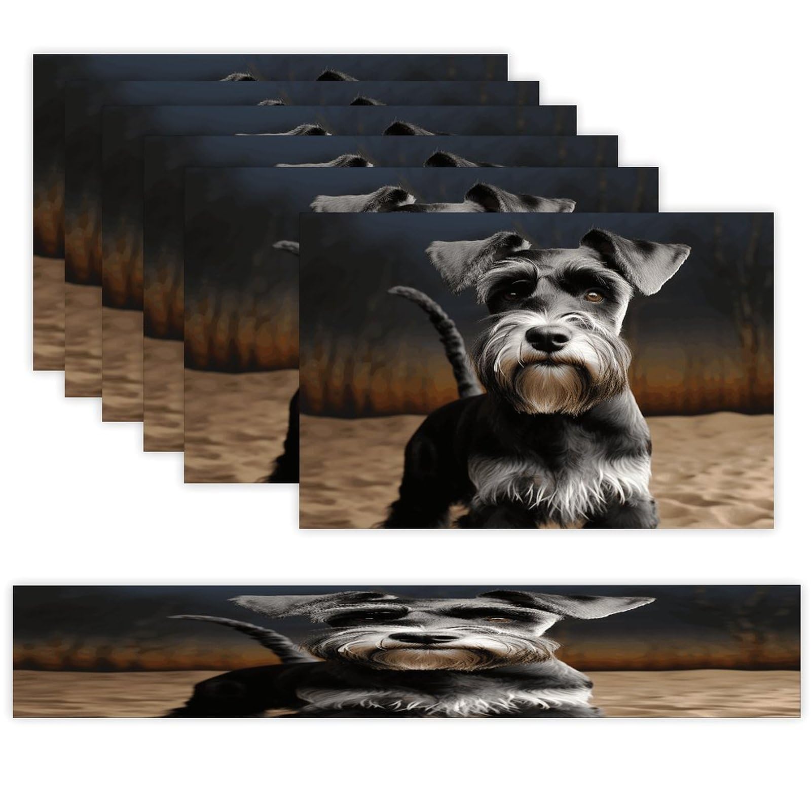 Animal Schnauzer Dog Table Runner and Placemats Set of 6 Wipe Clean Heat Resistant Table Mat with Table Runner Decorations Flax Linen Place Mat Set for Home Kitchen Party Supplies