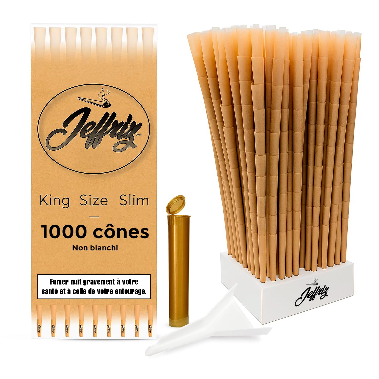 Cônes Pré-Roulés | 1000 cones | JEFFRIZ | King Size Slim 110mm Pre Rolls Papier Brun Naturel Non Blanchi avec Filtres | Combustion Lente | Entonnoir de Remplissage & Tube Anti-Odeur Inclus | Pack XXL