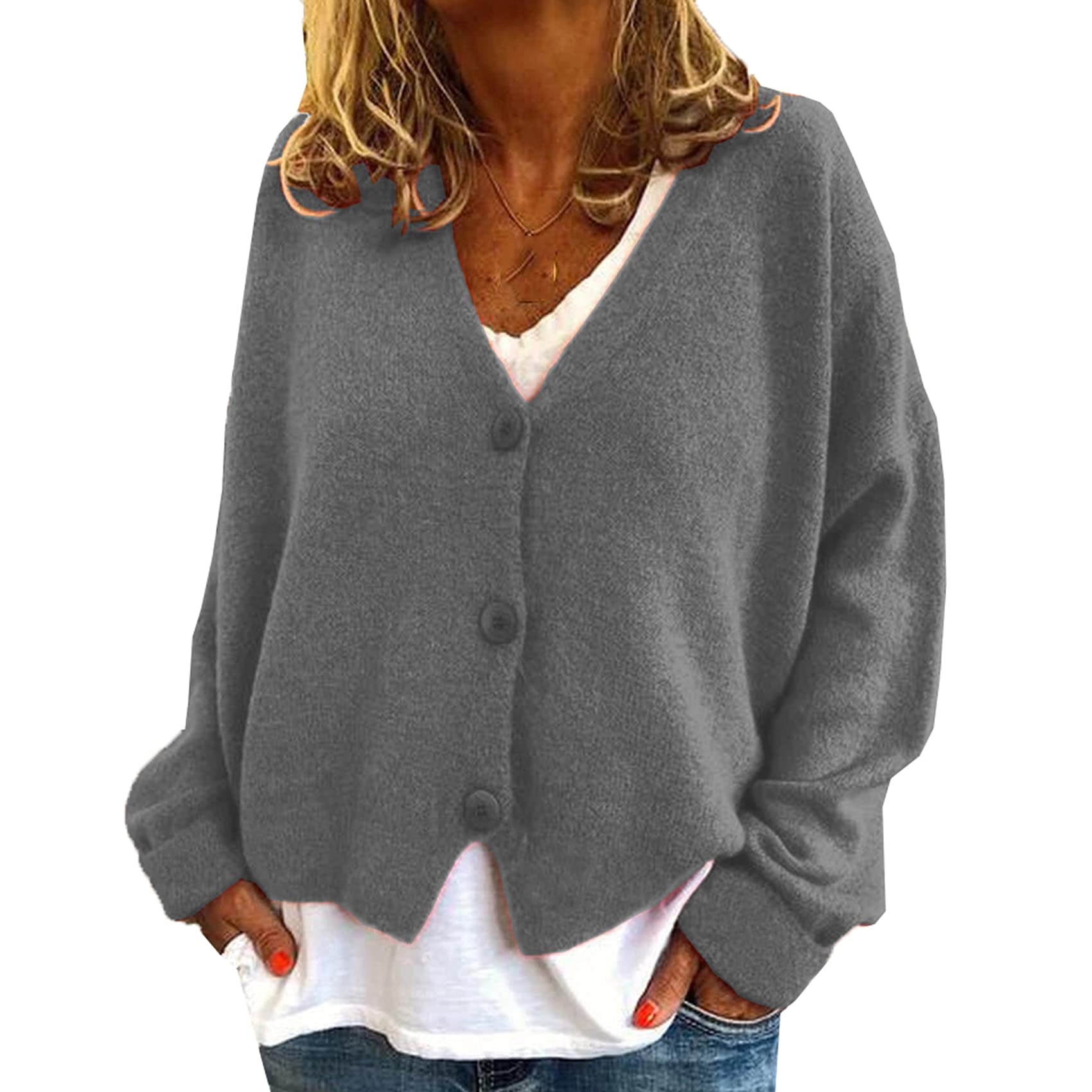 Whzxydn Women's Grey And Winter Fashion Casual Loose Sweater Knitted Cardigan