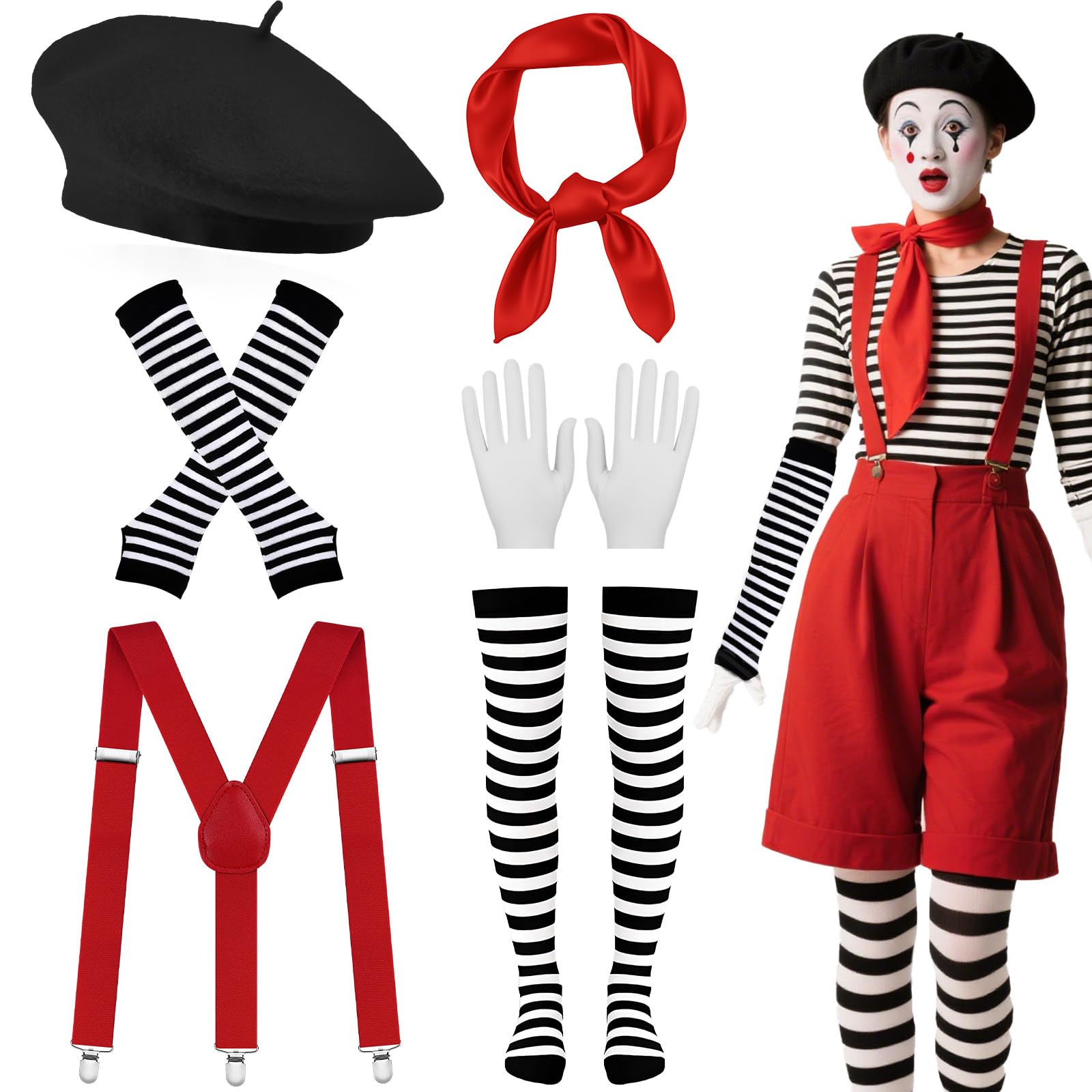 6 Pcs French Mime Costume Set for Adult, Mime Artist Fancy Dress Outfit Pantomime French Joker Kit with Black Beret Suspenders Red Scarf Striped Socks Gloves for Halloween Party Dress Up