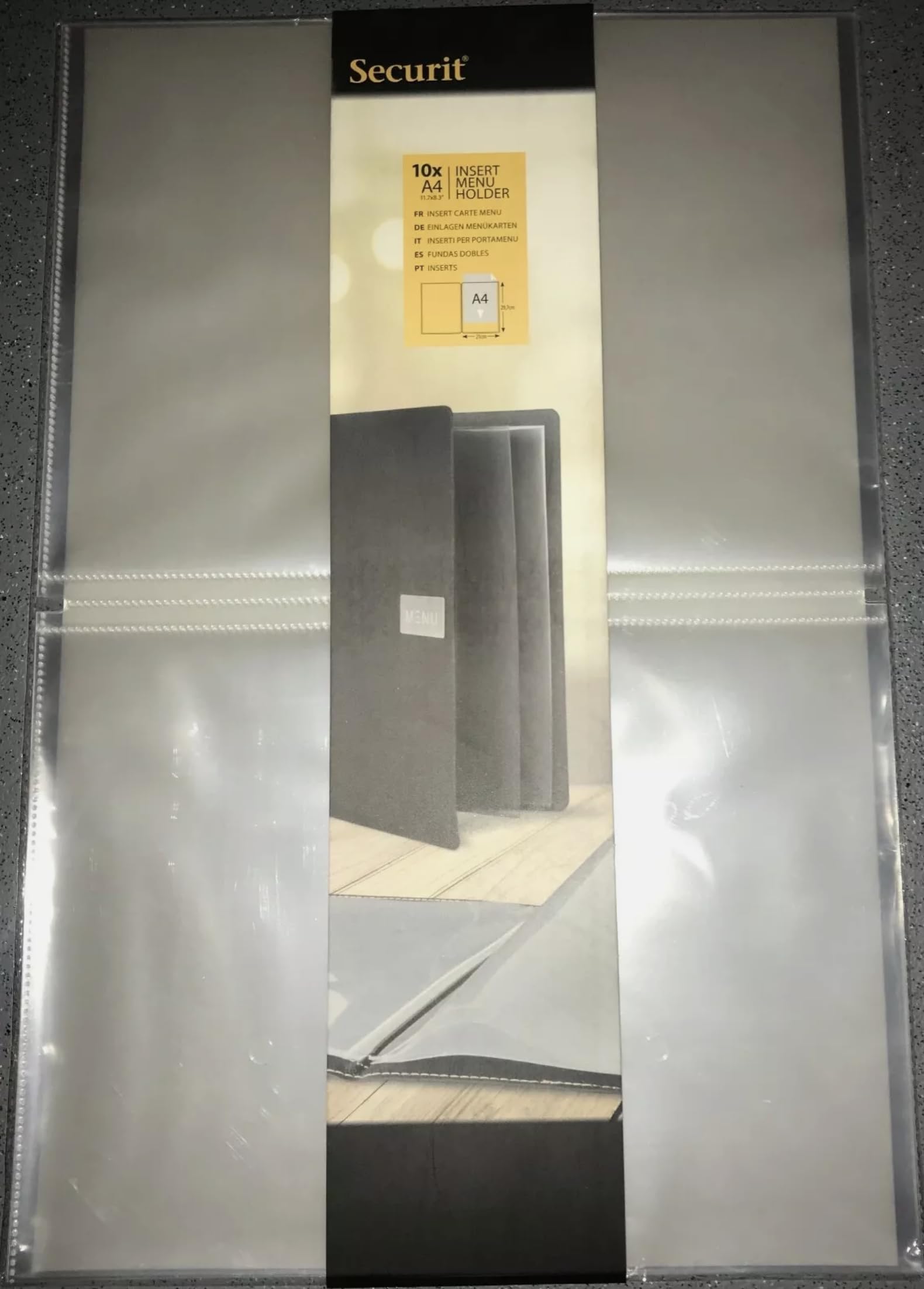 Transparente Kunststoffeinlagen, A4 oder A5, Doppeltaschen (4 Sichtseiten), geeignet für Speisekarten, Bars, Restaurants, Cafés und Hotels, abwischbar, 10 Stück