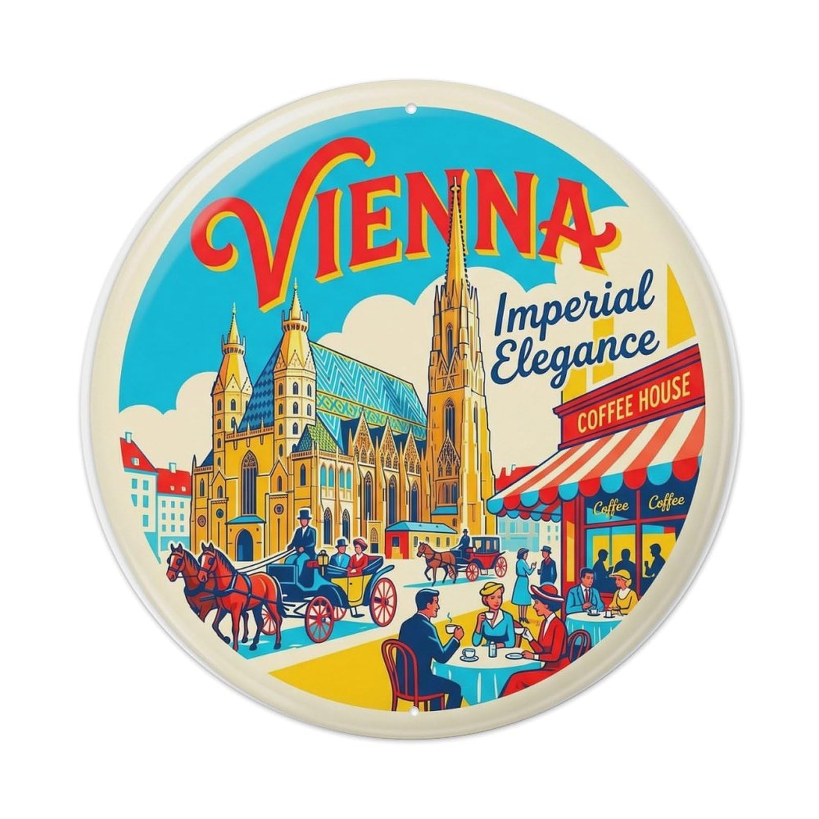 Vintage Travel Austrian Capital Cultural Metal Tin Sign Plaque Wall Decor for Cafe, Club Bar, Office, Home Garden Round Metal Poster 8x8Inch