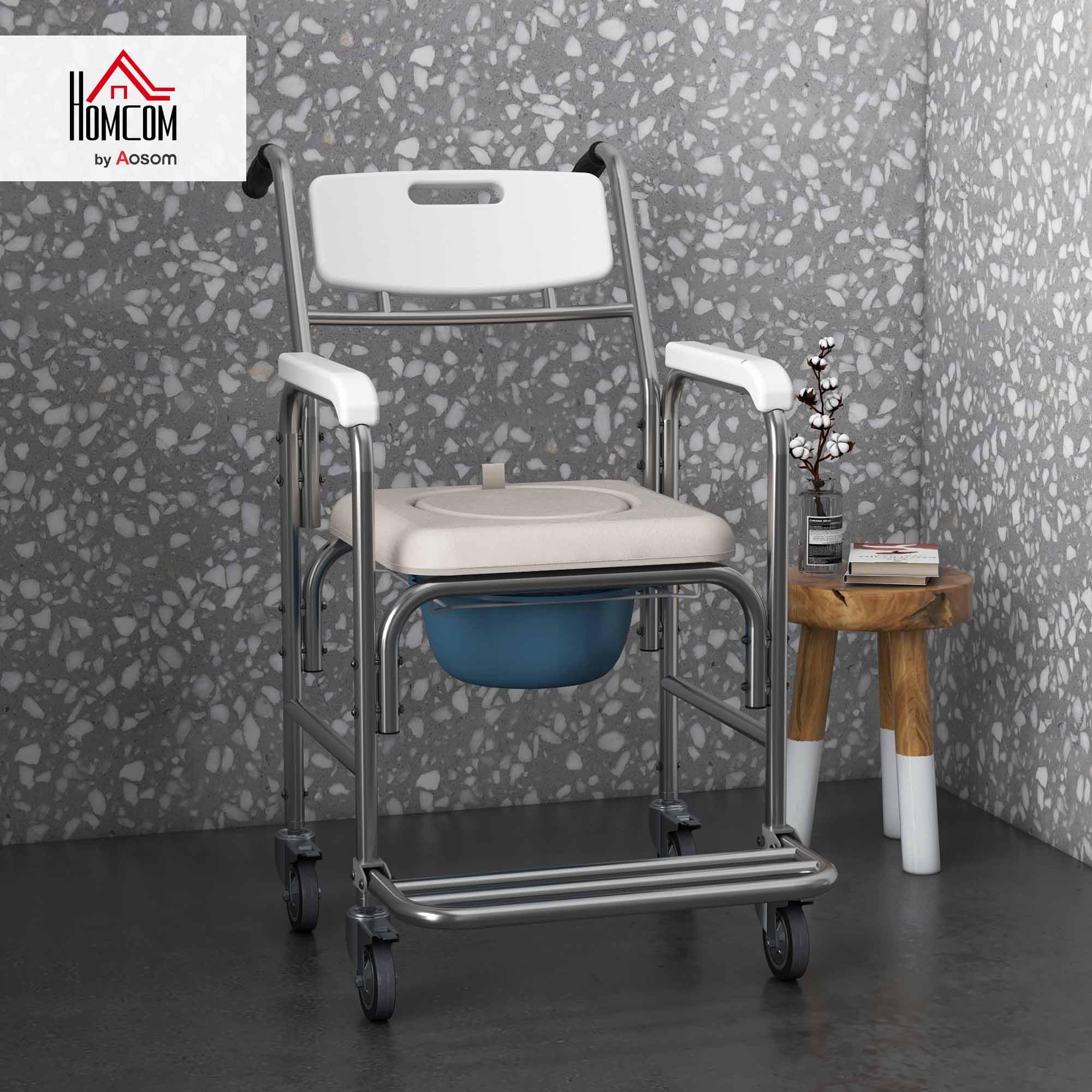 HOMCOM Sedia a Rotelle Impermeabile con WC Seduta in Finta Pelle, 4 Ruote, Vaso Rimovibile per Anziani/Disabili, 84x54x96cm