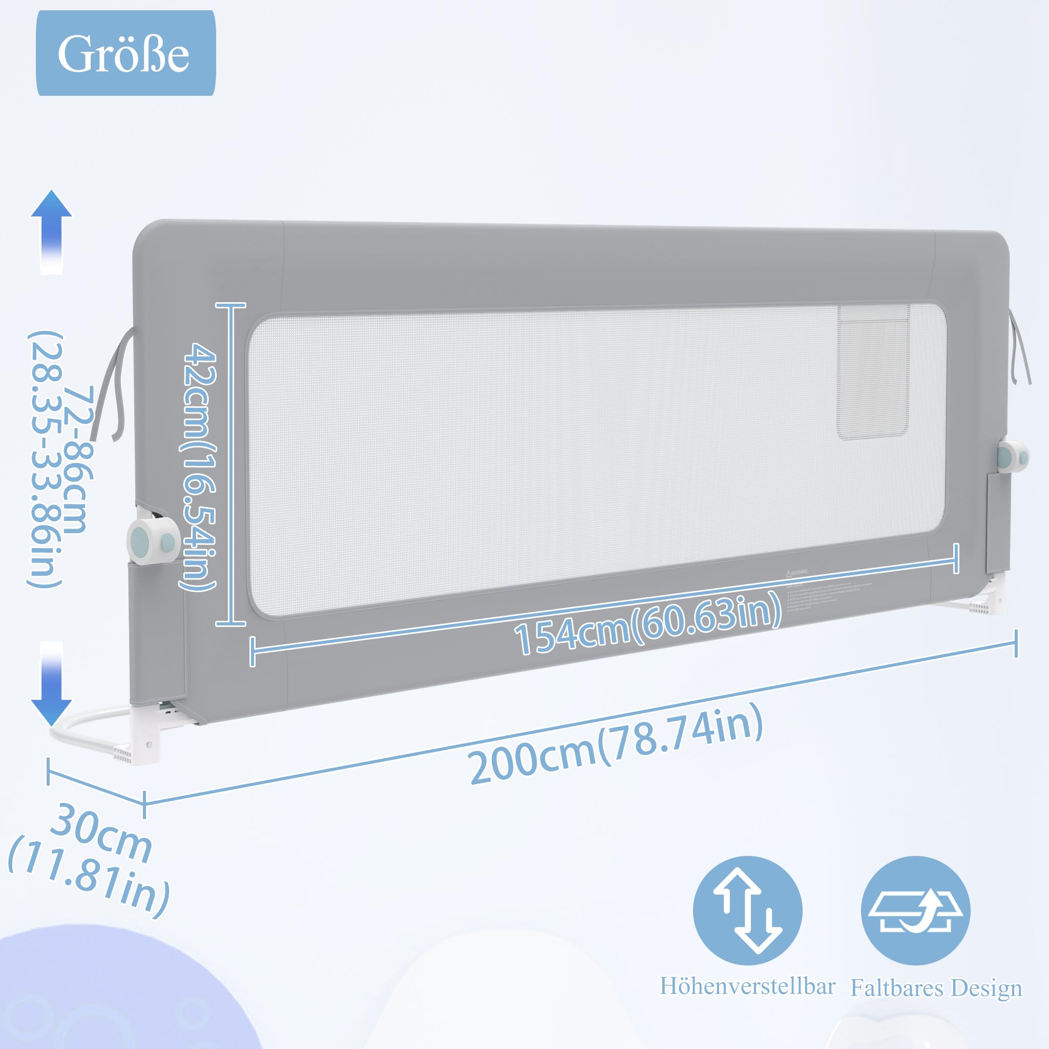 HENGMEI Barrera de protección contra caídas para cama de 200 cm, plegable, 180 grados, malla aireada, altura ajustable, rejilla de protección para cama (gris)