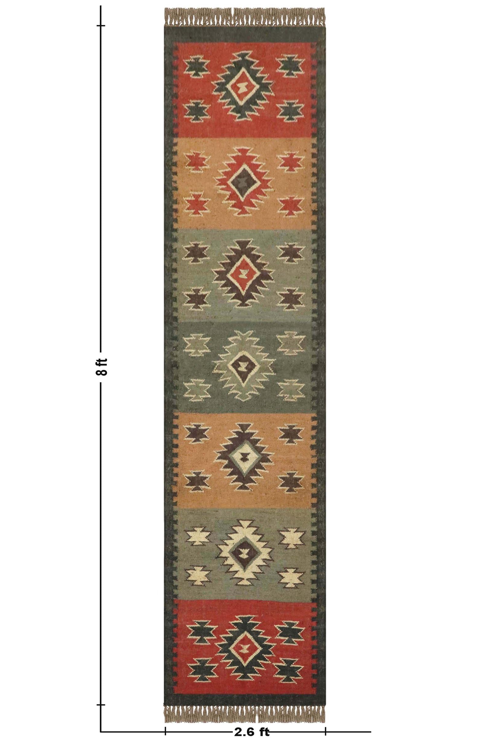 Läufer – Teppich Kelim, wendbar, Wolle, Jute, Südwestern, handgewebt, für drinnen und draußen, Flachgewebe-Teppich für Zuhause und Foyer, Flur, Treppenläufer