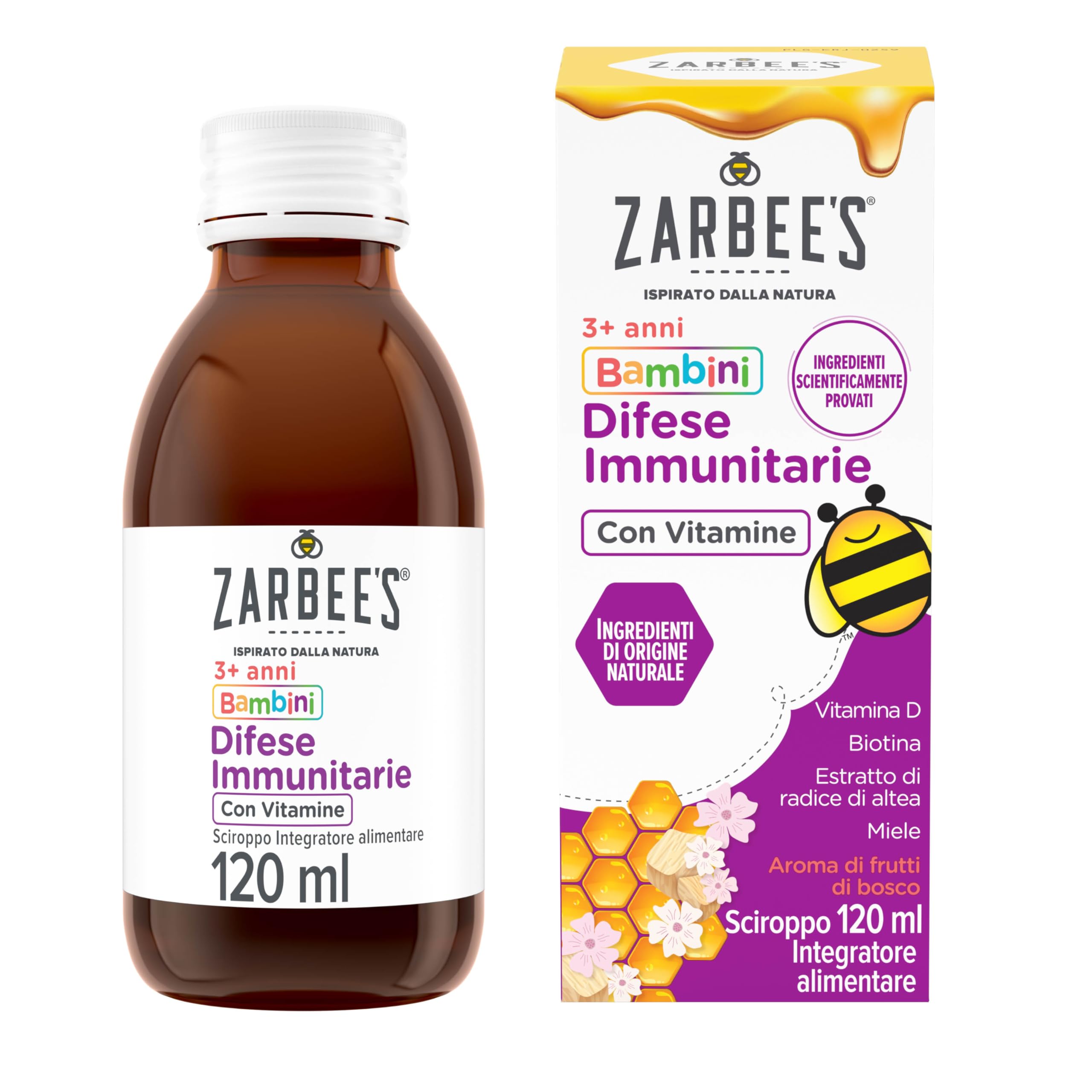 Zarbee's Sciroppo Difese Immunitarie Bambini Con Vitamine, Integratore Alimentare con miele puro, vitamina D e biotina, Multivitaminico per supportare il sistema immunitario, 120 ml