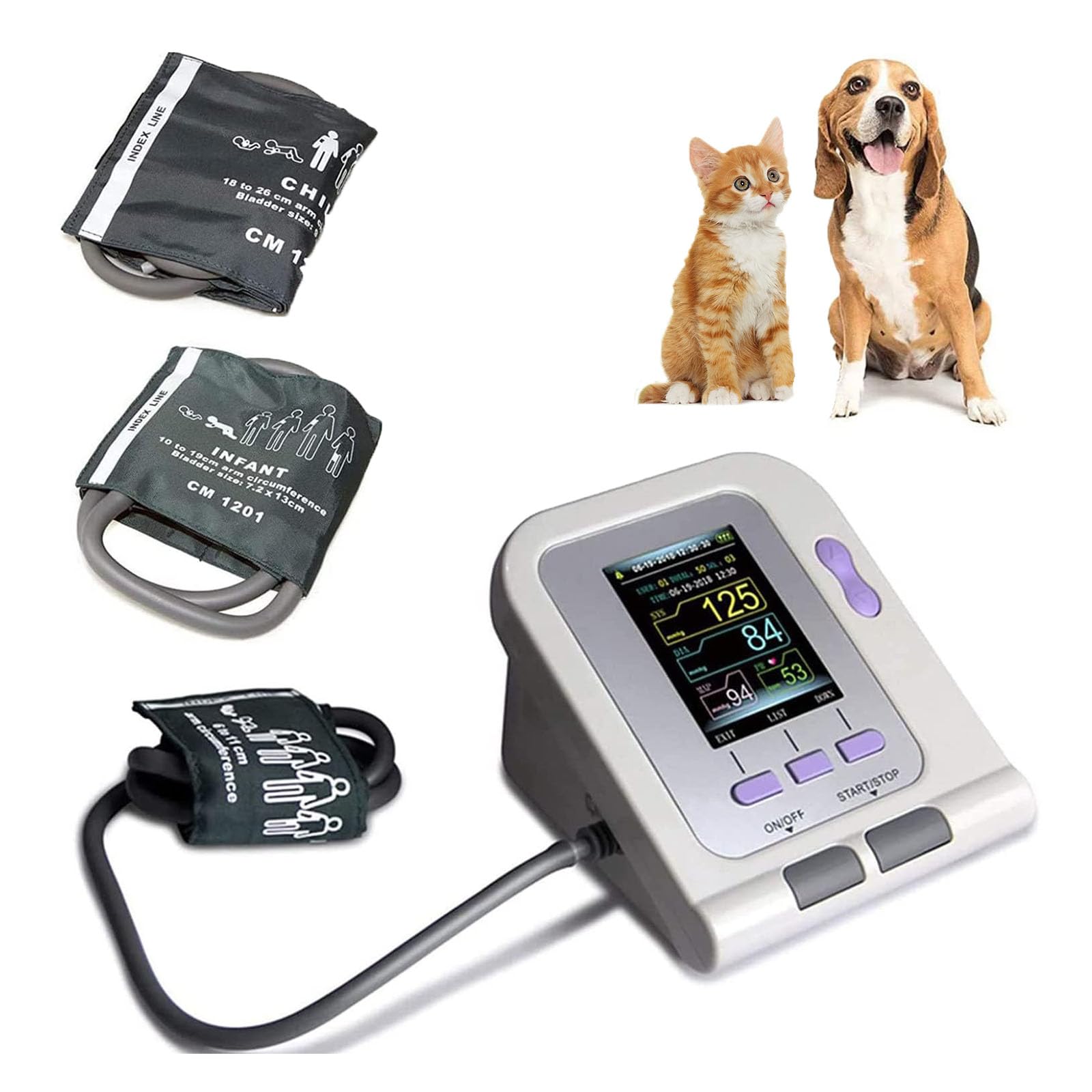 Equipement de Soins vétérinaires, Brassard de tensiomètre numérique pour Animaux, Soins pour Chiens/Chats/Animaux, 3 Modes, 3 brassards, sphygmomanomètre électronique.