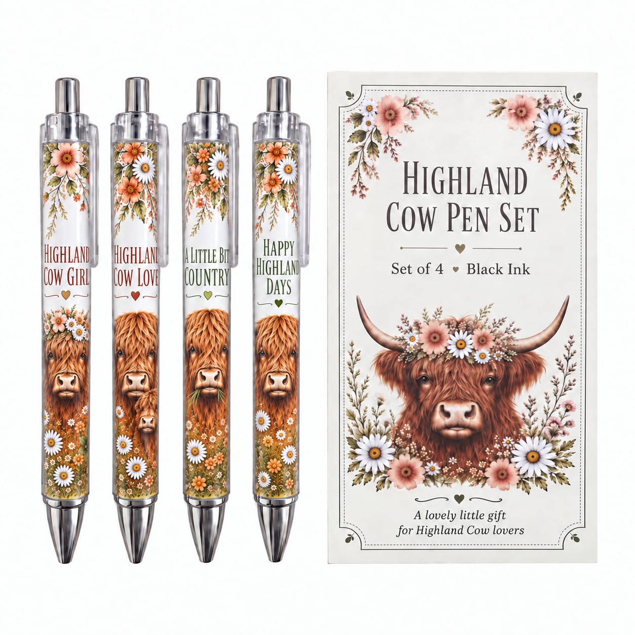 Yizzen Highland Cow Gifts for Women, 4 Black Ink Ballpoint Pens with Card