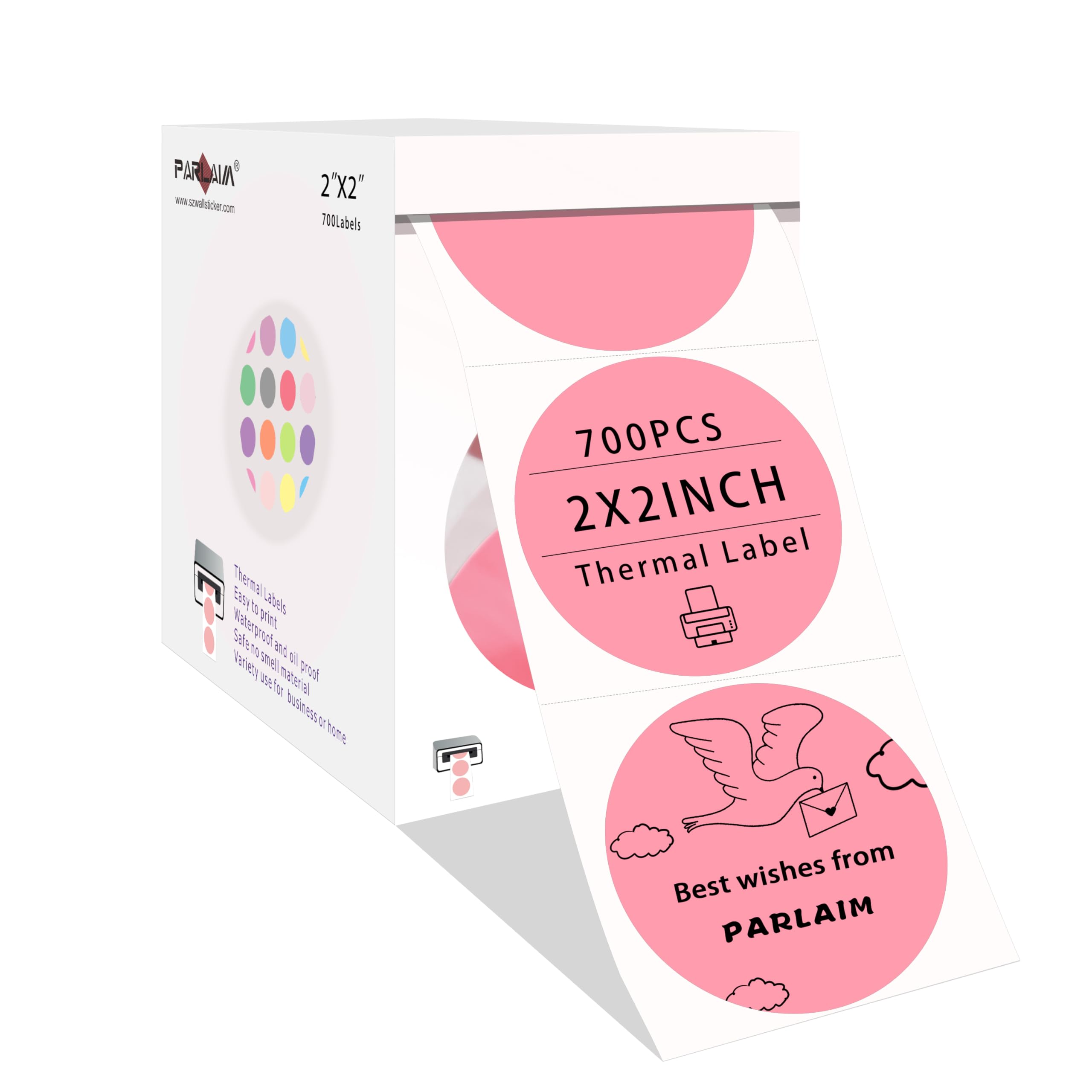 PARLAIM2 Inch Round Thermal Sticker Labels, Self-Adhesive Circle Direct Thermal Labels, 700 Per Roll Sticker Labels for DIY Design, QR Code, Name TagThermal Label(Pink)