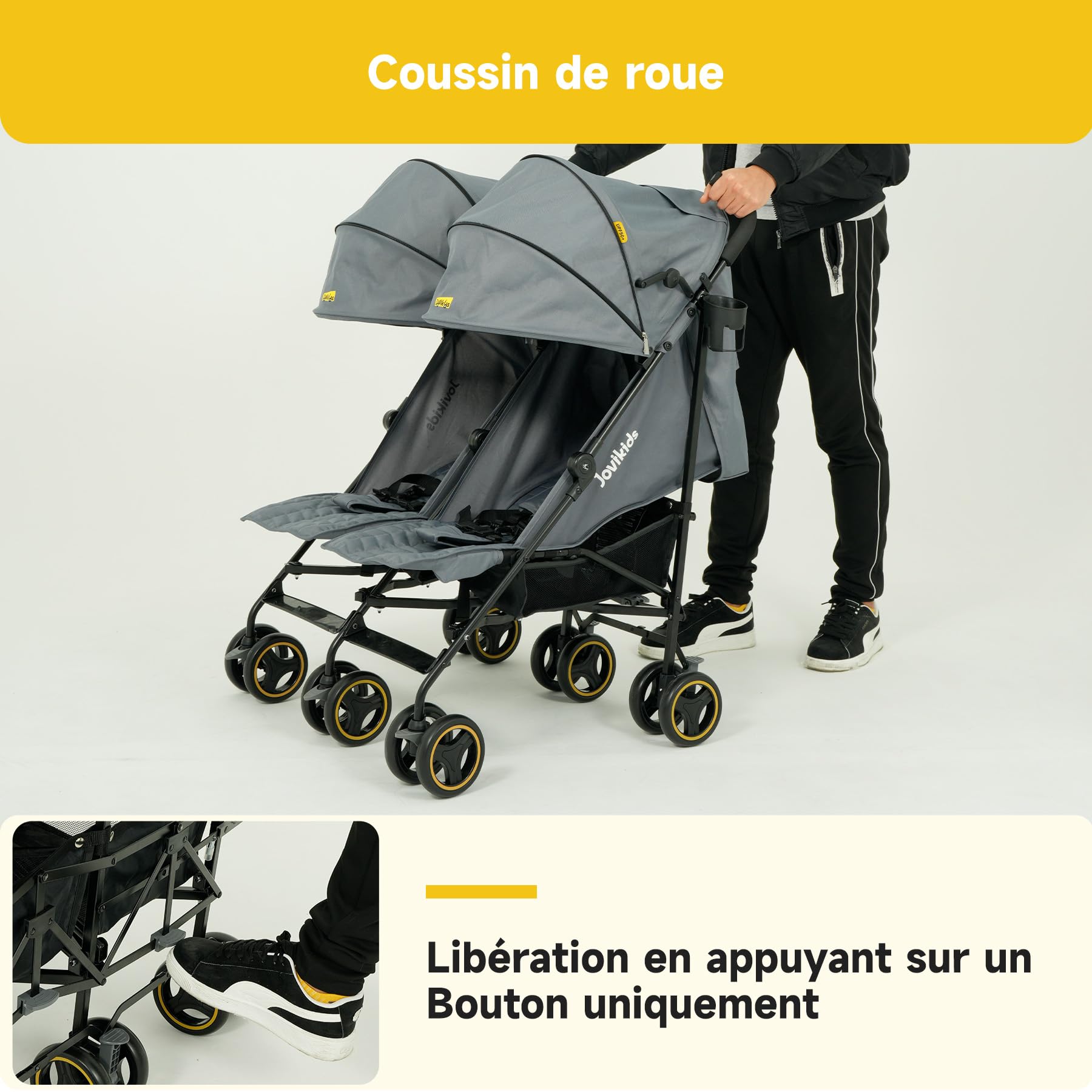 Jovikids Poussette double avec fonction allongée, pliable, avec pare-soleil, capote de pluie et porte-gobelet