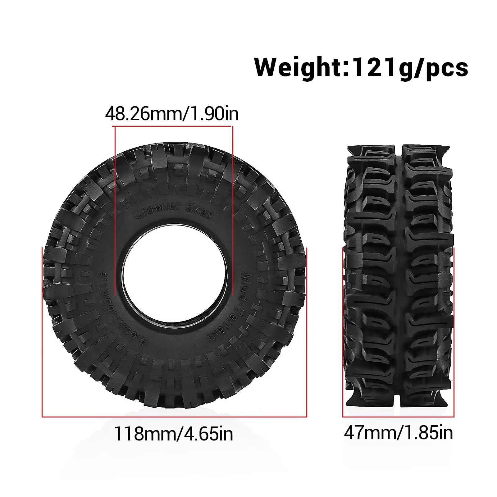 Per Axial Per SCX10 Per Traxxas Per TRX4 CrossRC Per Enduro Per Redcat Per WPL D90 1/10 RC Parti Automobili 1.9 Pollici 118mm Fango Pneumatici Fuoristrada Ricambi Modellini RC