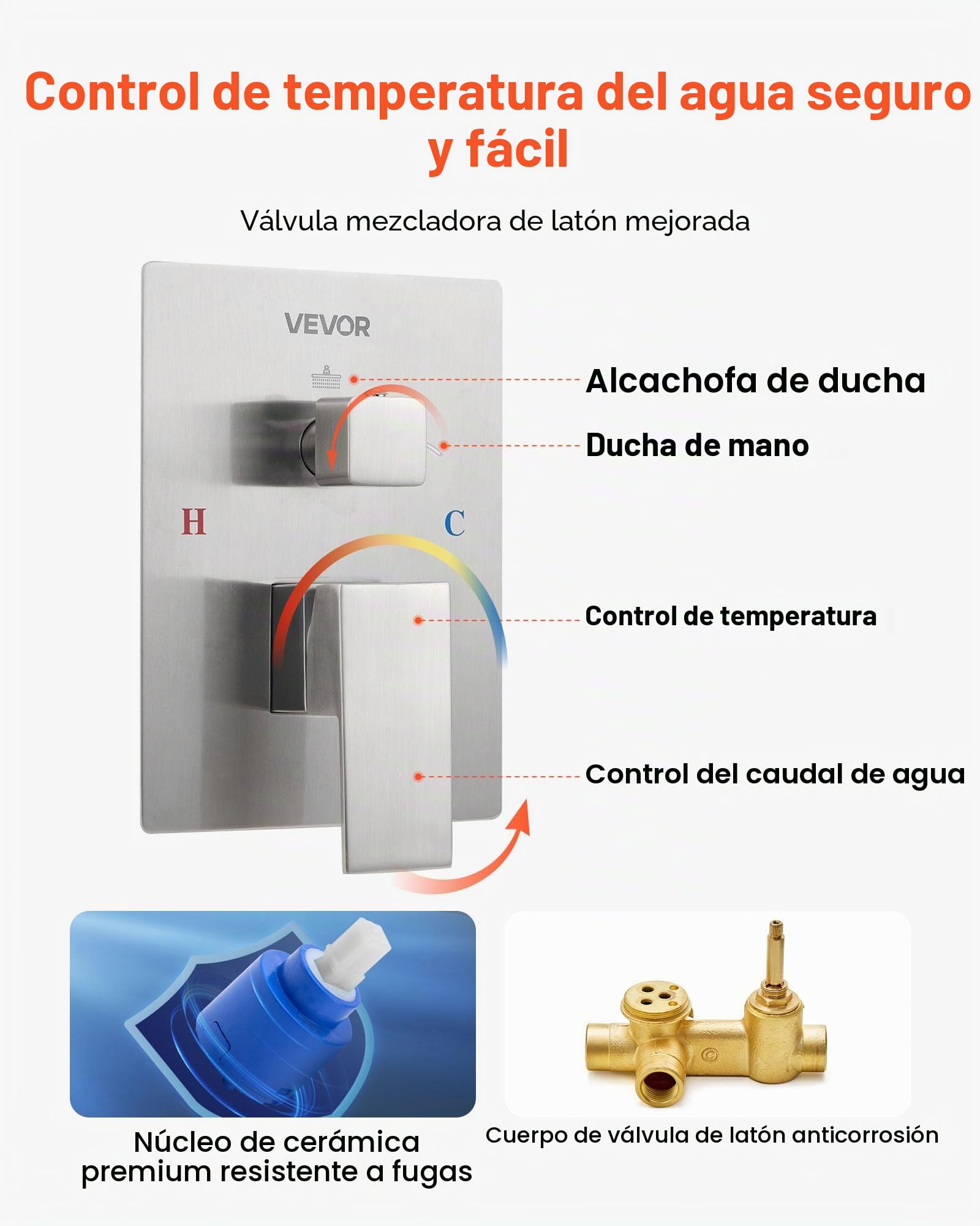 VEVOR Juego de Grifo de Ducha de Lluvia con Cabezal de Ducha Cuadrado 25,4 cm y Rociador de Mano, Grifería de Baño de Pared con Válvula Latón y Kit de Embellecedor, 6,7 L/min, Níquel Cepillado