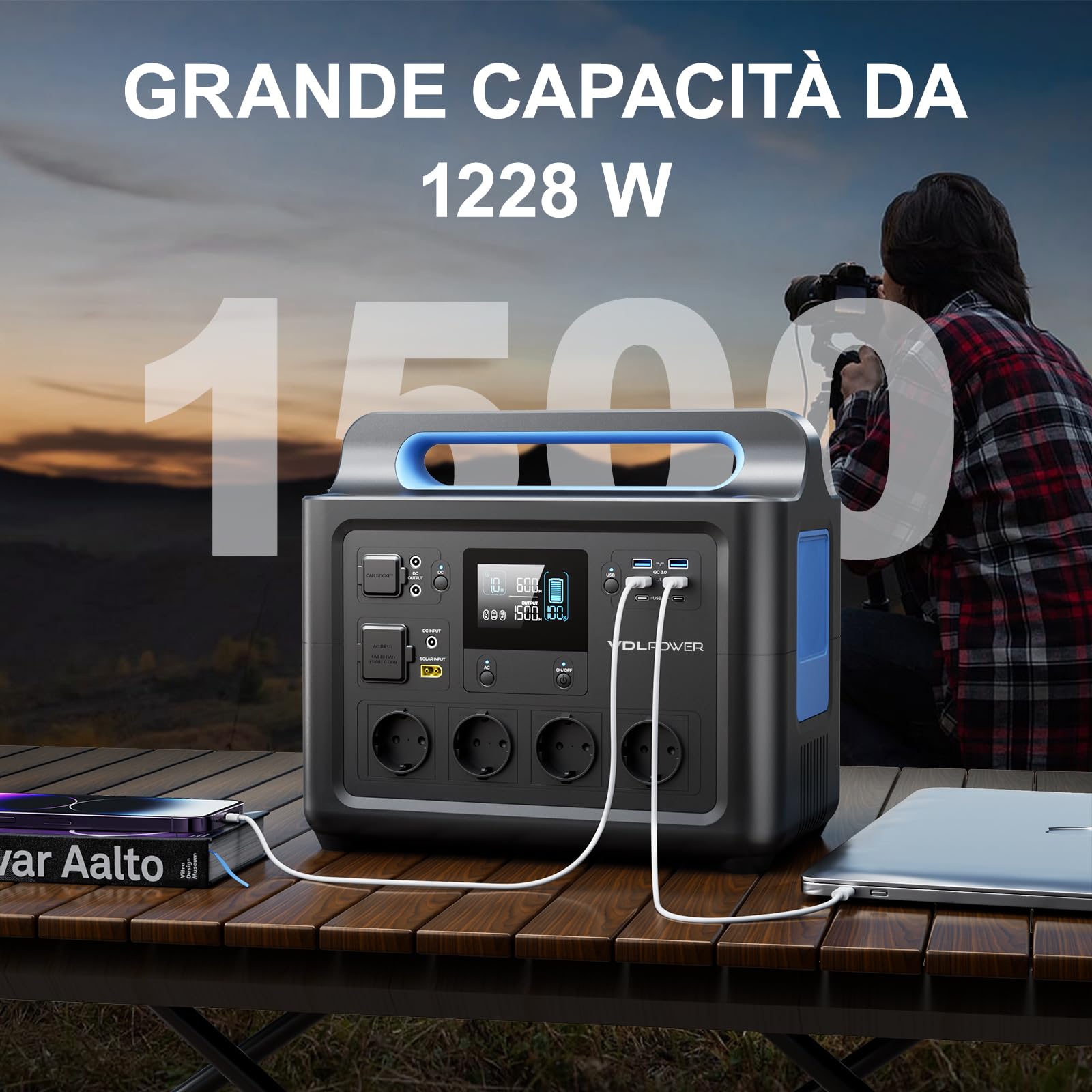 VDL Centrale Elettrica Portatile 1228Wh, Alimentazione a Batteria LiFePO4 con Presa 230V/1500W (picco 2000W), Generatore Solare per Alimentazione Domestica, Campeggio, Emergenza, HS1500