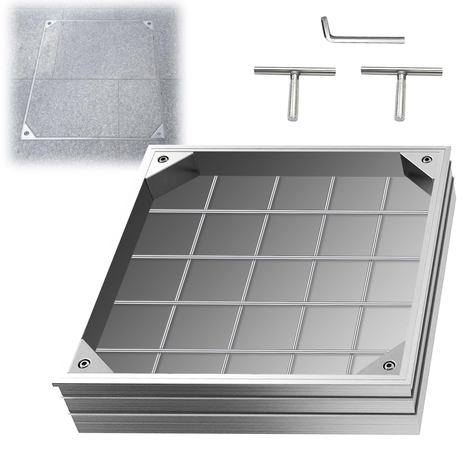 LIROPAU Tapa de alcantarilla de 400 x 400 mm, aluminio | tapa de alcantarilla empotrada y marco para escenas interiores y exteriores, altura 60 mm