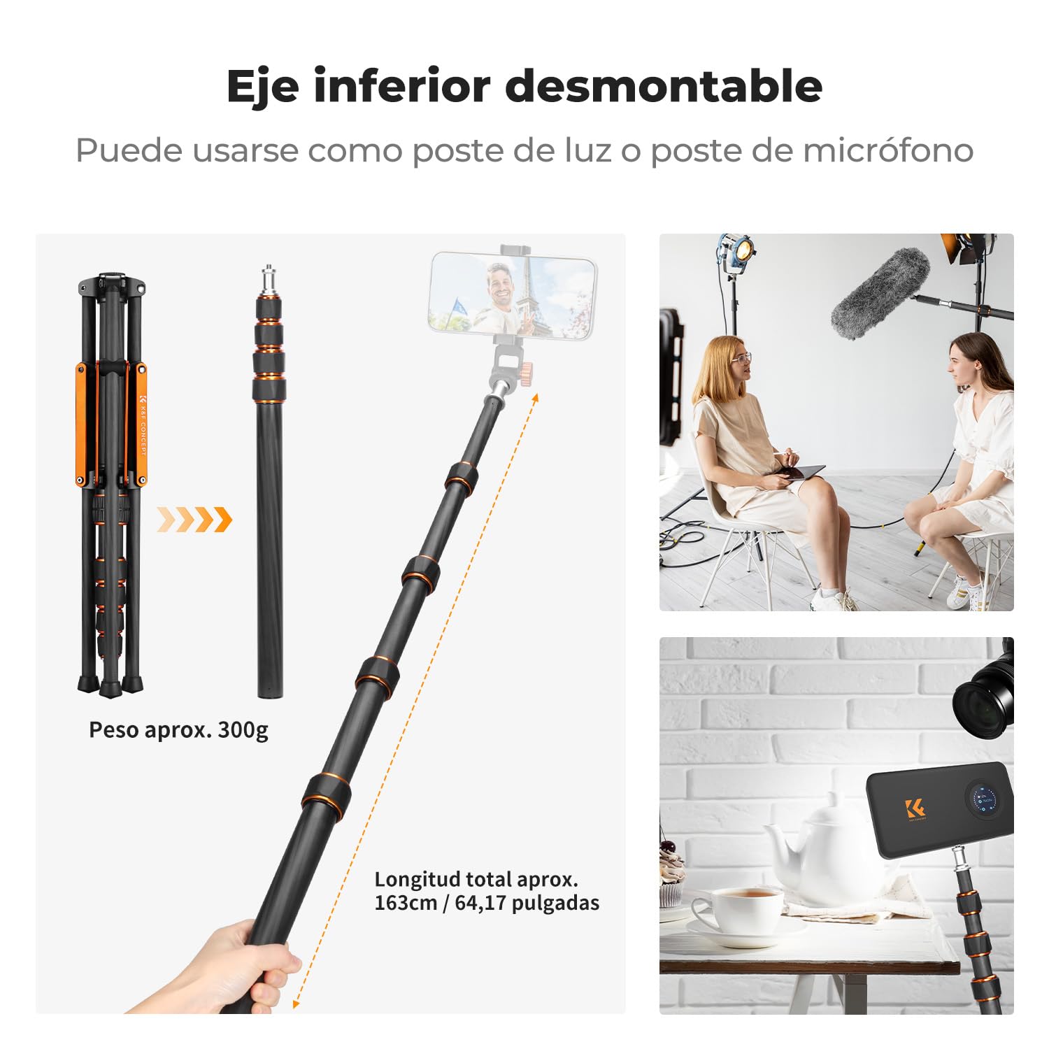 K&F CONCEPT Trípode de luz en Fibra de Carbono 200 cm, Plegable al revés, portátil, con Tornillo 1/4" - 3/8" y Bolsa de Transporte, para Flash, cámara, softbox