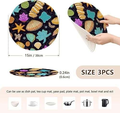 Miniatura 2 de 3 Pcs Large Trivet Mat Colorful Seashells on Black Background for Hot Pots and Pans 15in Cotton Thread Weave Heat Resistant Hot Pad for Microwave
